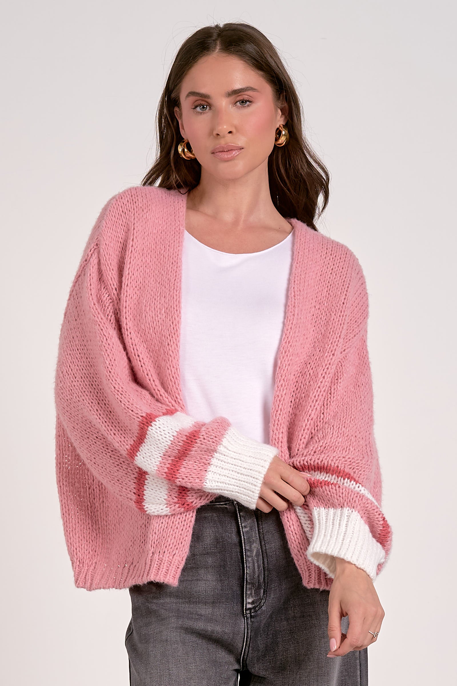 Varsity Open Front Sweater Cardigan - Pink by Sierra Deene