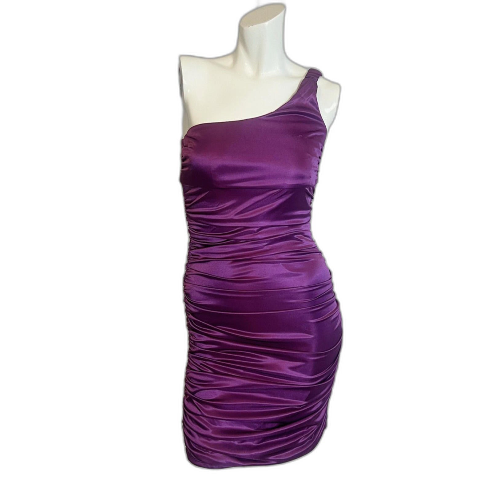 y2k Vintage Poly USA Shiny Purple Ruched Asymmetrical Bodycon Dress Si by Hot Girl Secondhand