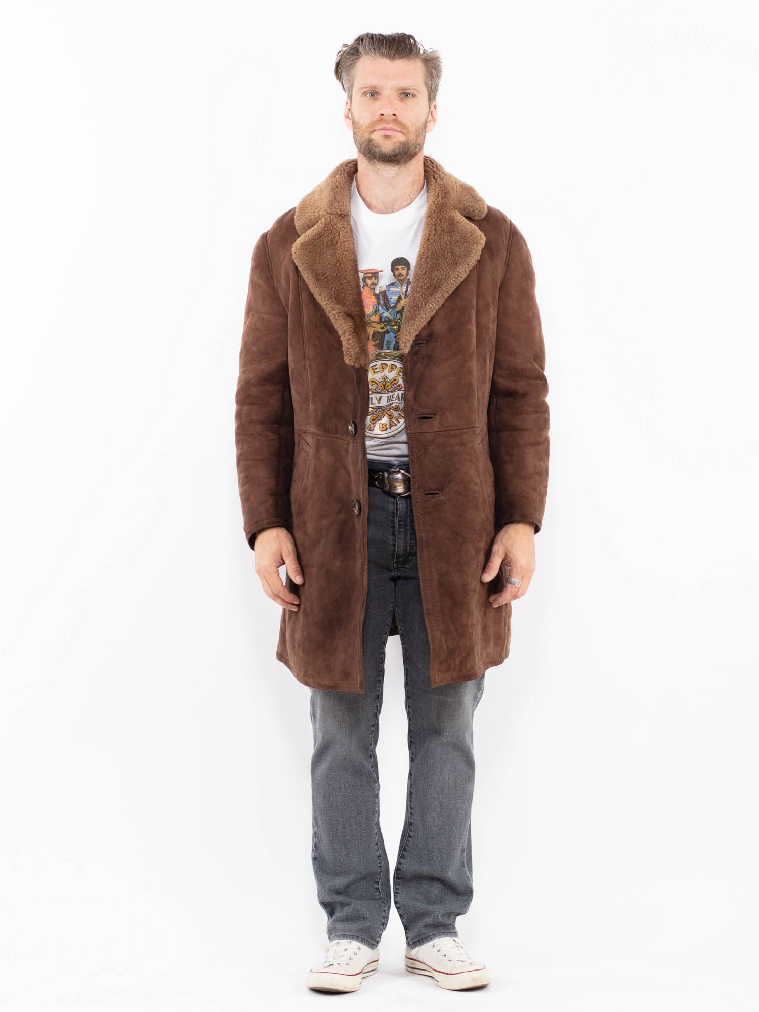 Vintage 70's Men Sheepskin Coat in Brown by Northern Grip