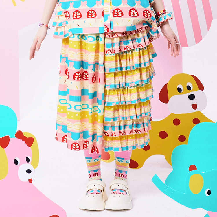 NIKKOU Home Skirt Original Printed Skirt Layered Cake Skirt by Land Decora