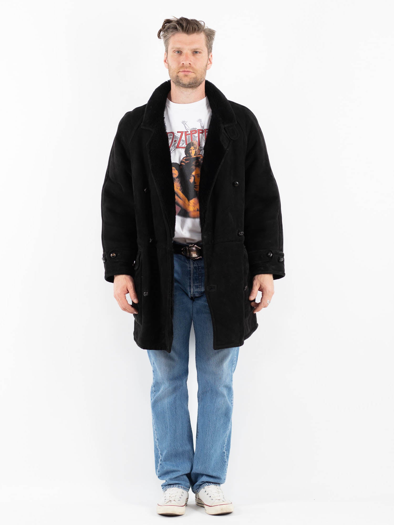 Vintage 80's Men Sheepskin Coat in Black by Northern Grip