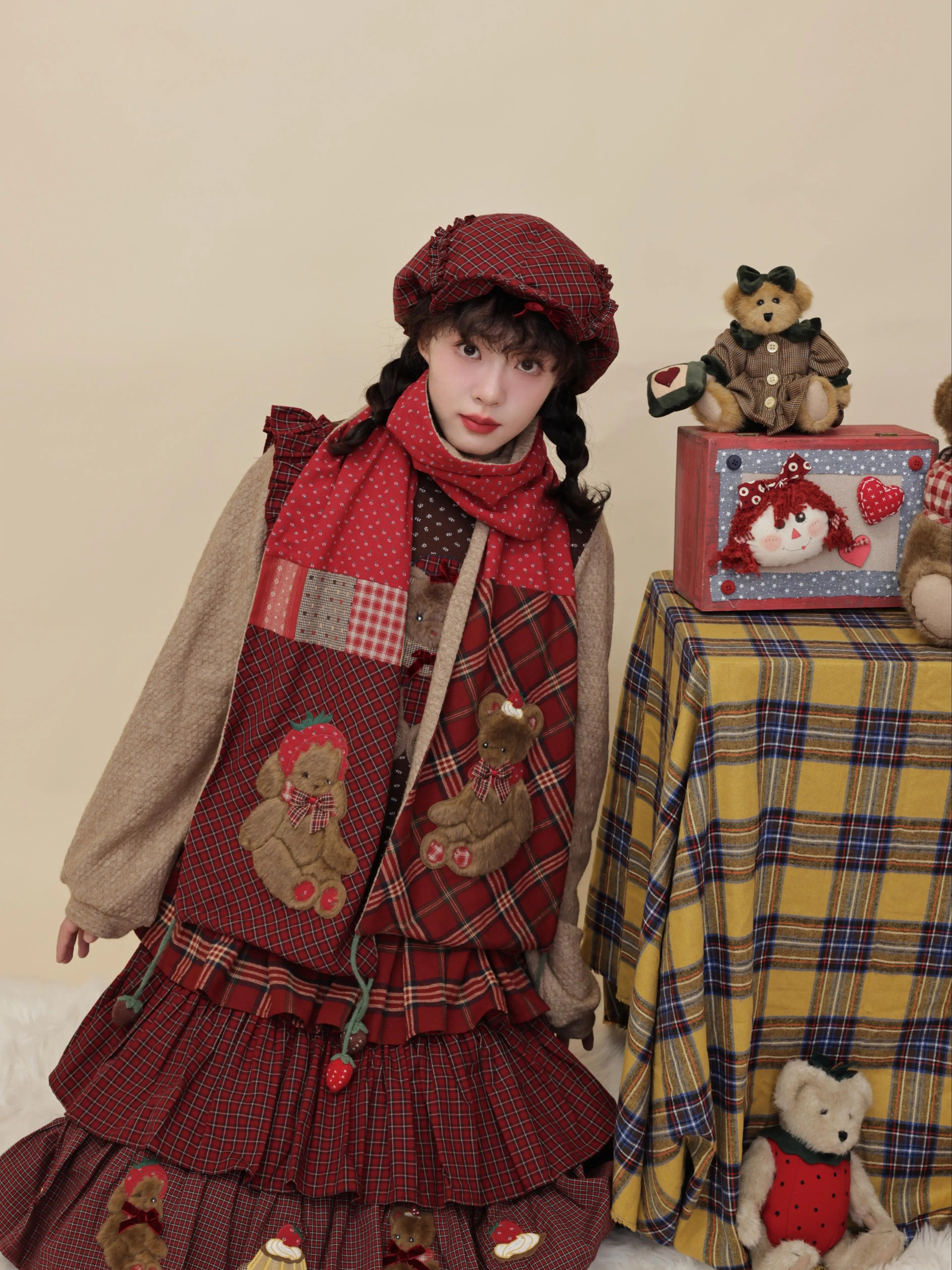 Kawaii Scarf Patchwork Plaid Floral Strawberry Crochet Bear Scarf - SemenCoicis by Land Decora