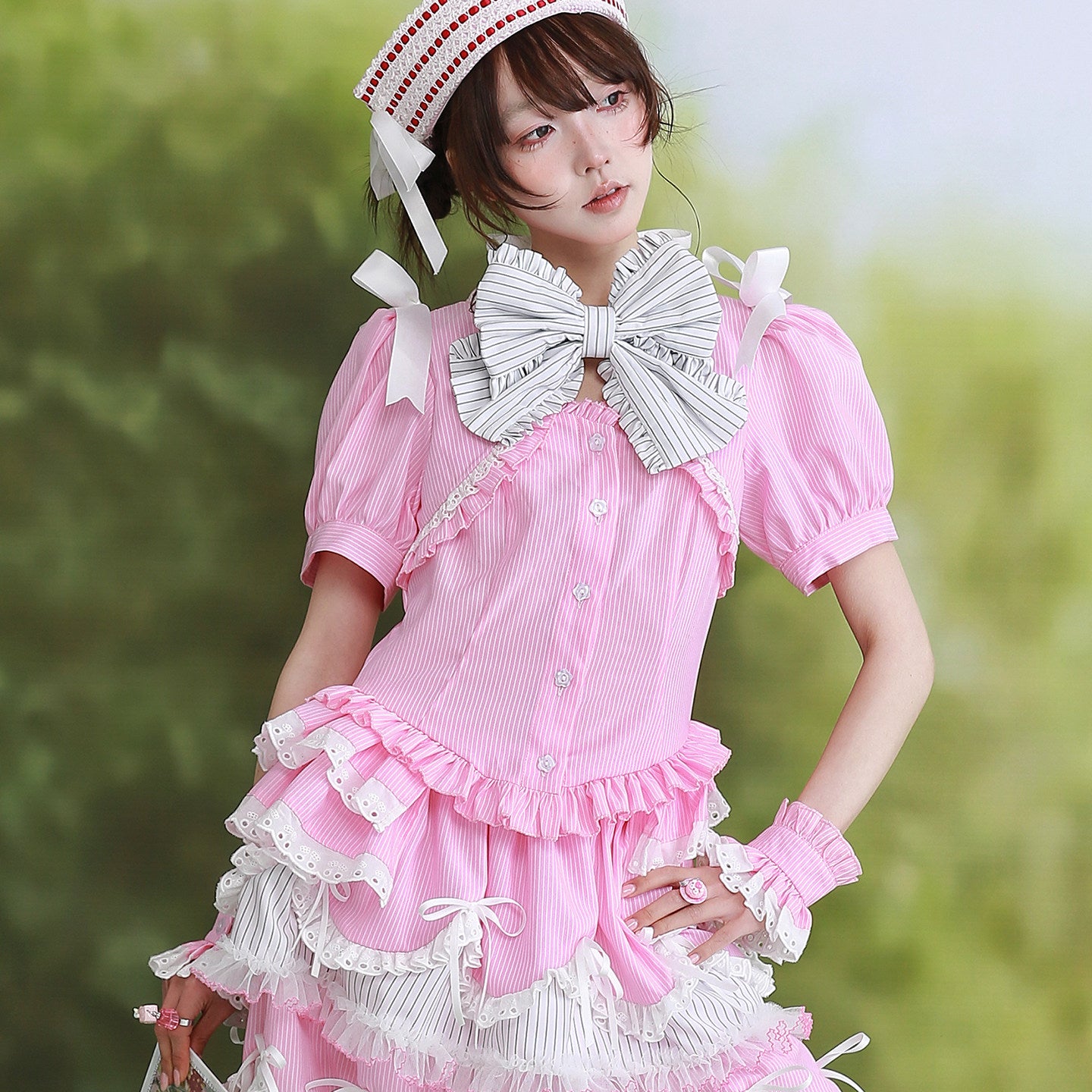 Showa Pink Stripe Lolita Blouse - SOS MEME CLUB by Land Decora