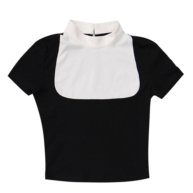 Harajuku T-shirt Black and White Patchwork Feather Cross Short Sleeve T-shirt daytoday everyday institute by Land Decora