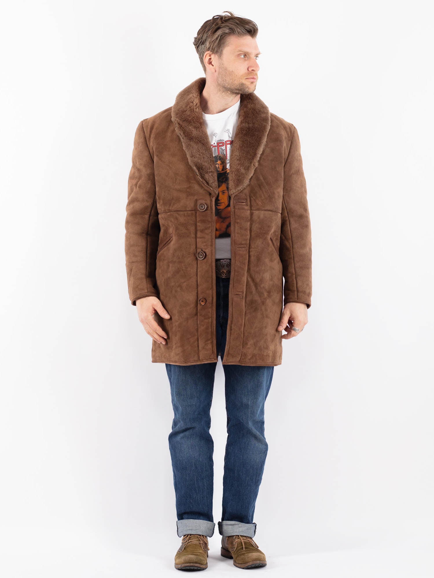 Vintage 70's Men Sheepskin Coat in Beige by Northern Grip