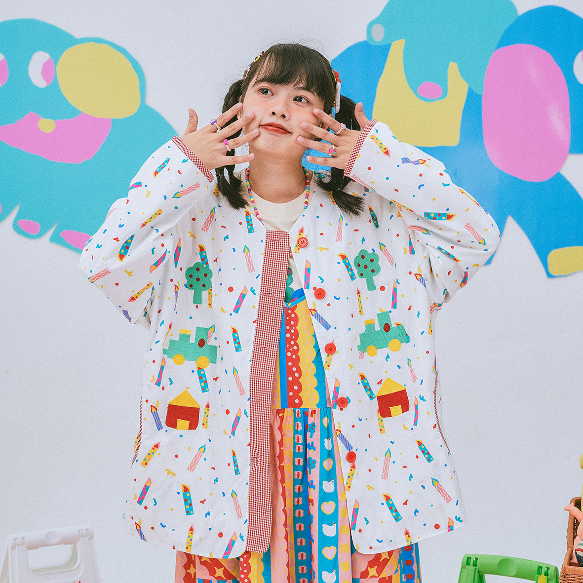 NIKKOU Home Jacket Fun Print Reversible Jacket Cute Harajuku Jacket by Land Decora