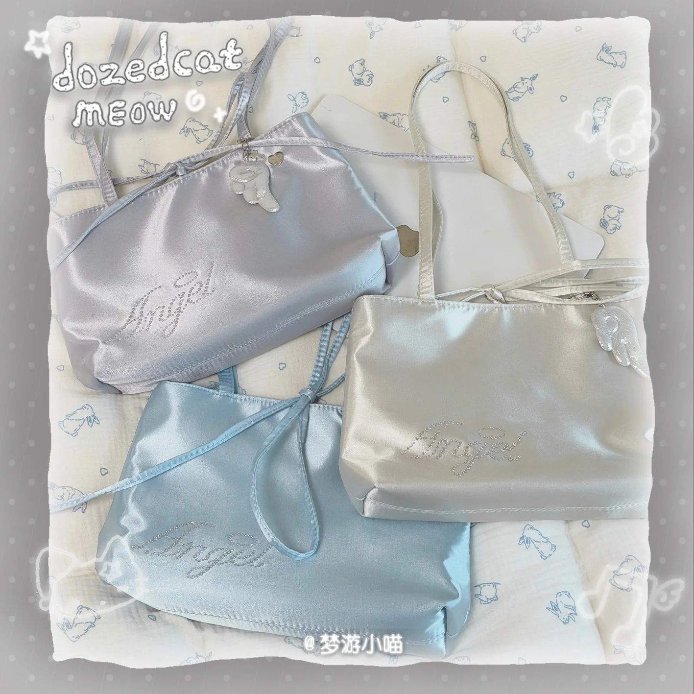 Angel Rhinestone Satin Bag | Y2K Kawaii Shoulder Handbag by Land Decora