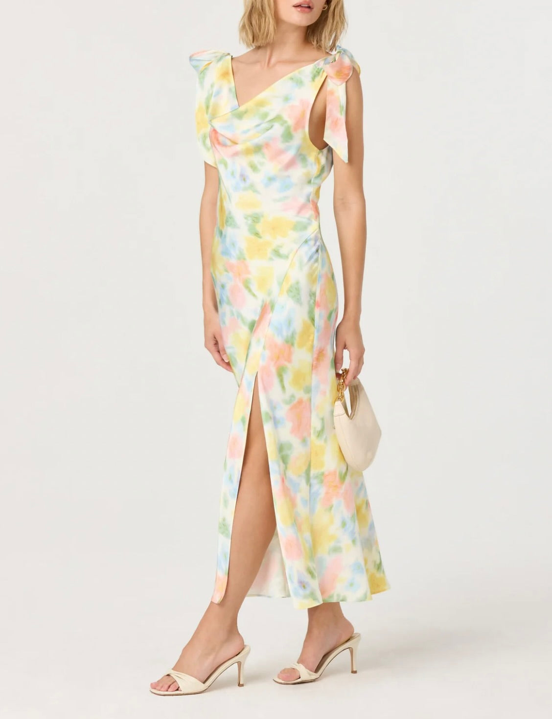 Allexina Satin Cowl Neck Midi Dress in Yellow Watercolor by Sierra Deene