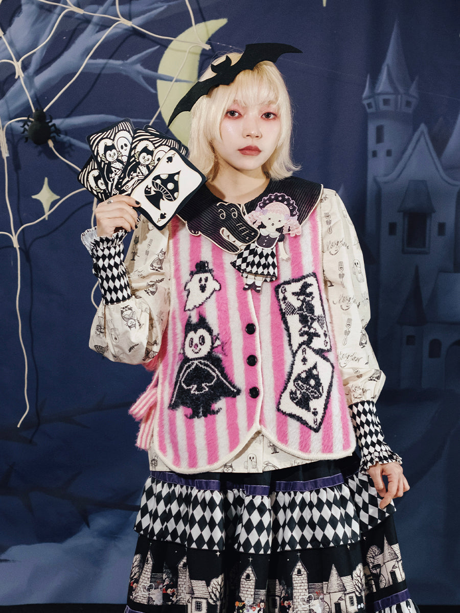 Harajuku Vest Poker Pattern Pink-White Stripes Knitted Vest Dracula Ghost Pattern Meugler by Land Decora