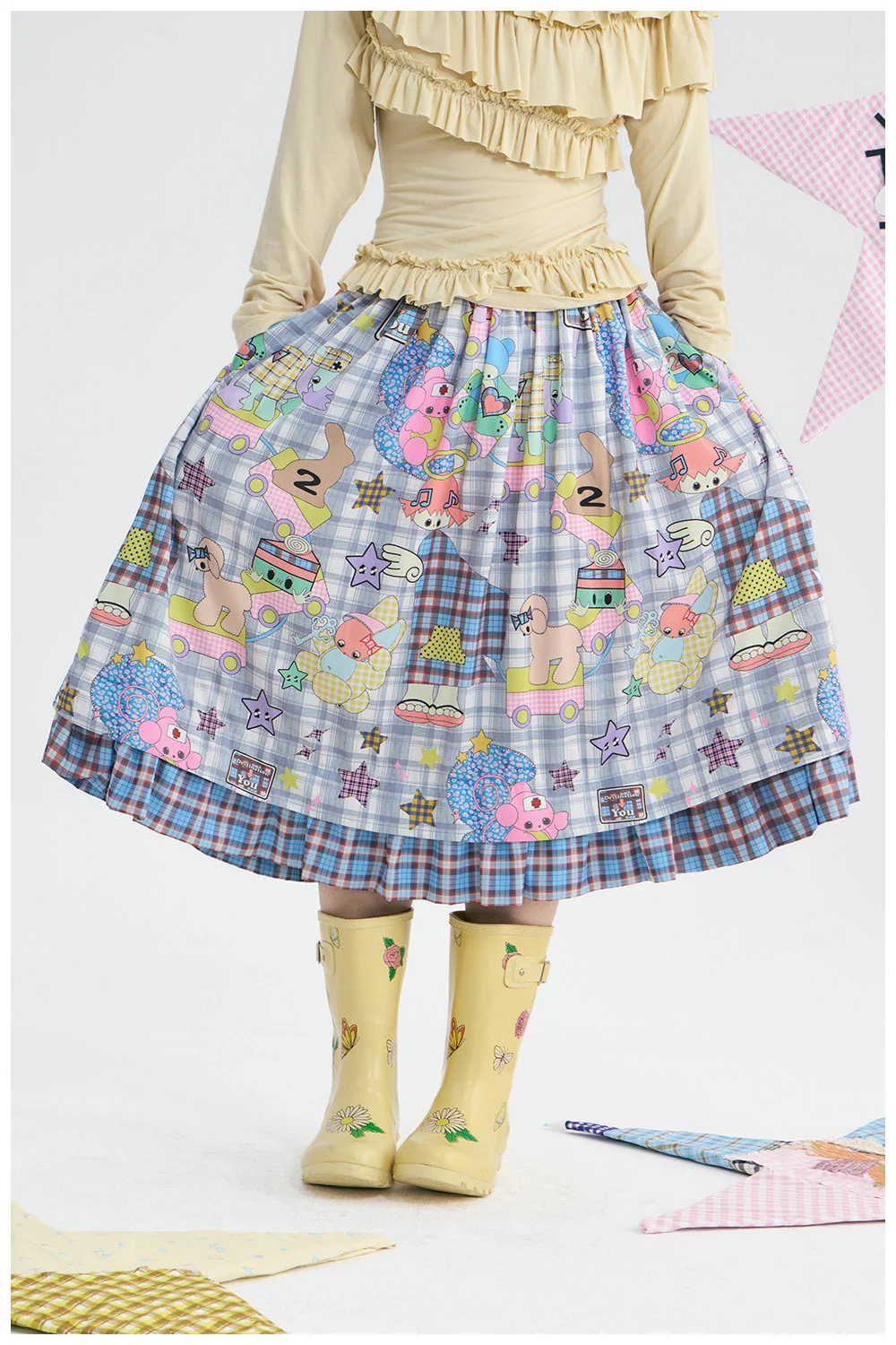 Kawaii Plaid Angel Print Ruffle Skirt - tntntutu by Land Decora