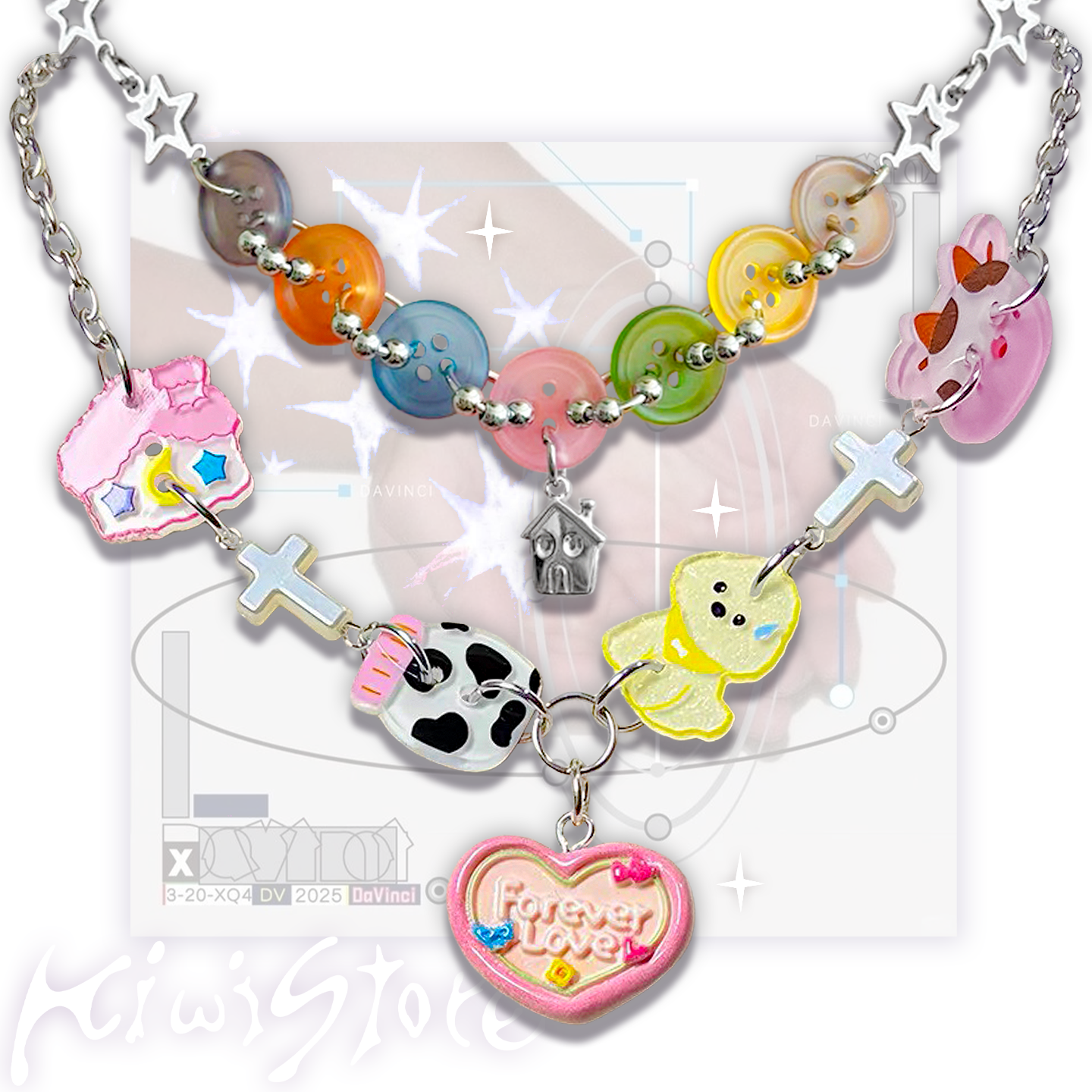 Y2K Multi Charm Button Necklace | Harajuku Statement Jewelry | Kiwi Store by Land Decora