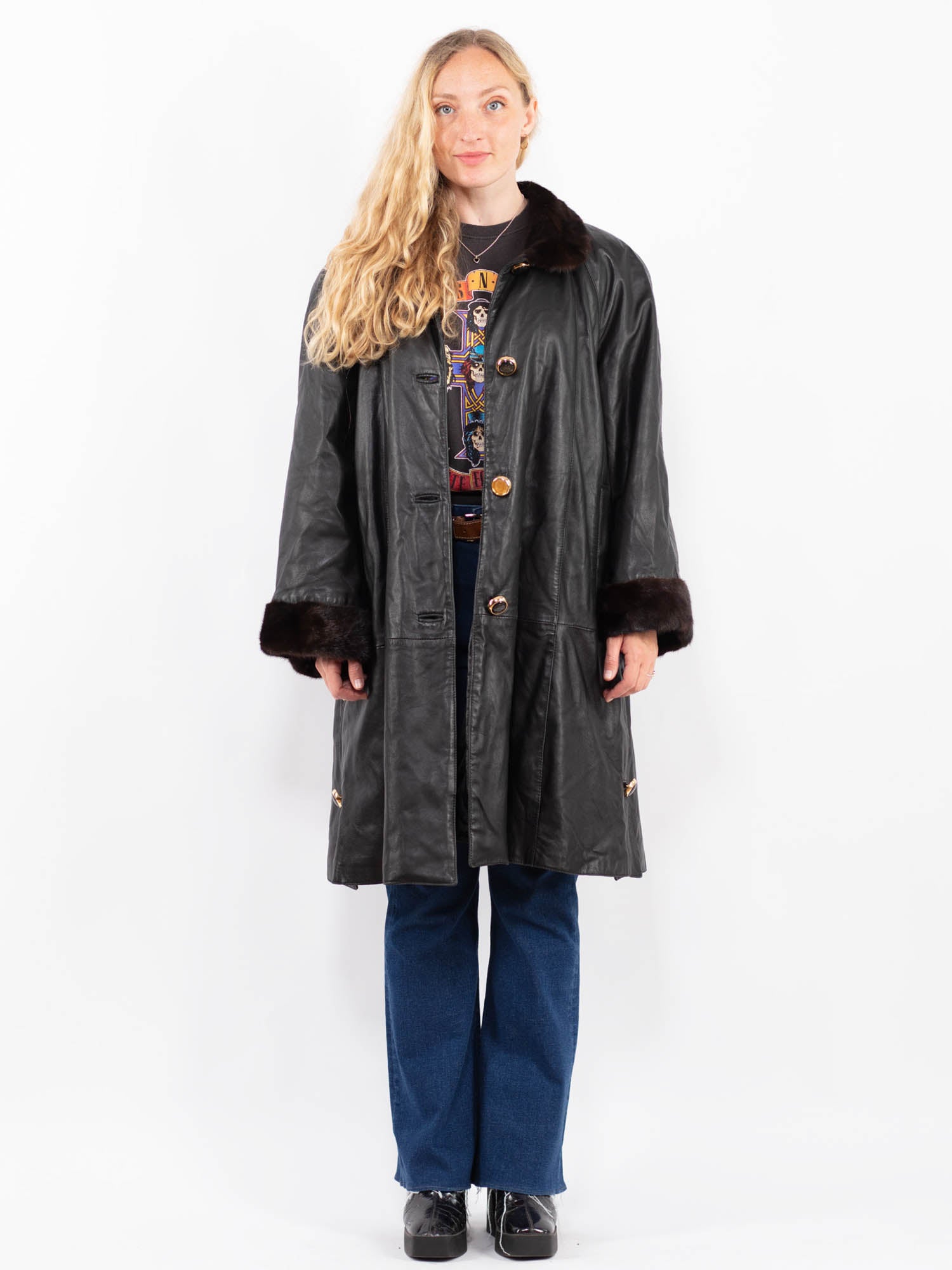 Vintage 80's Penny Lane Leather Fur Coat in Black by Northern Grip