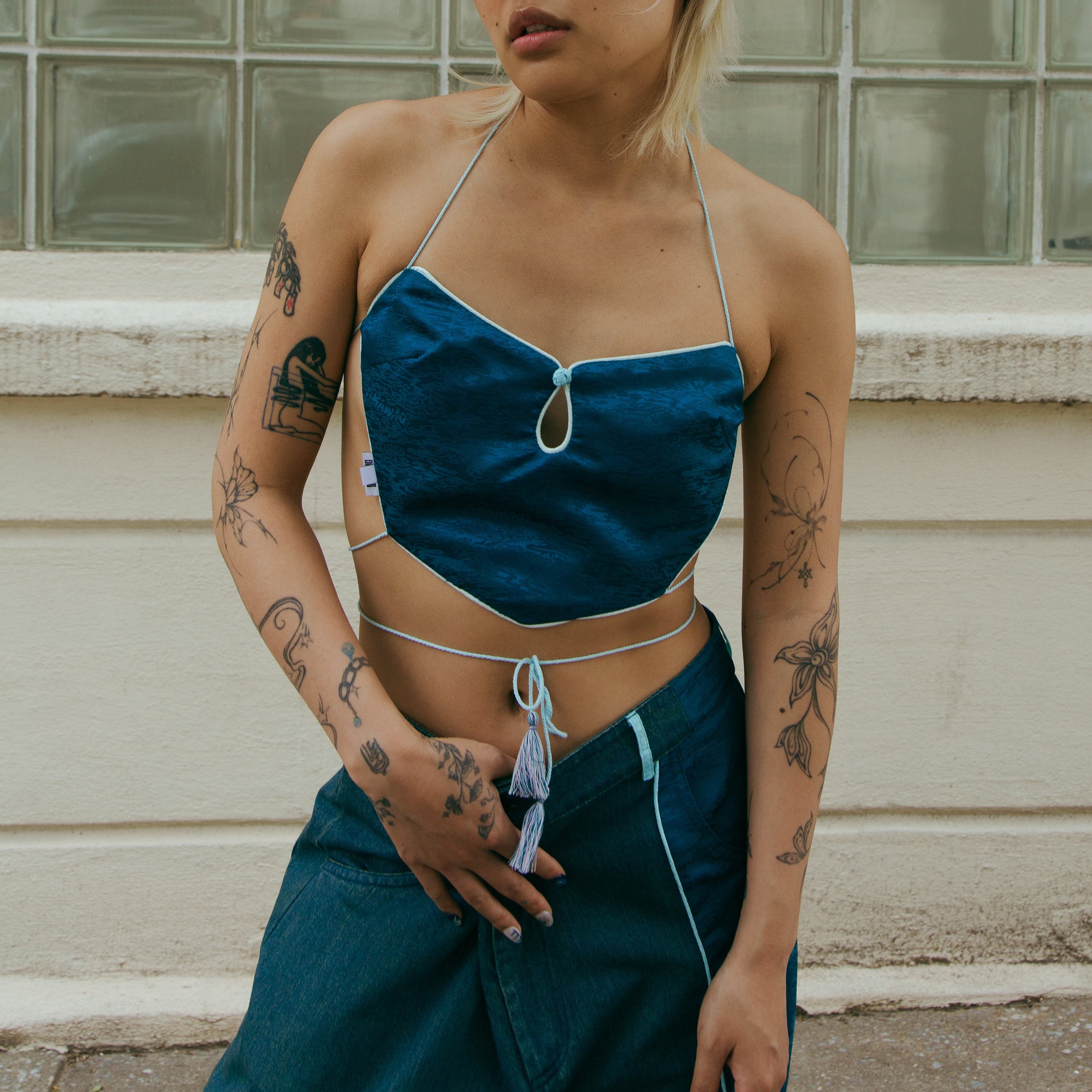 Dong Cropped Reversible Apron Top Jade Blue by DAWANG