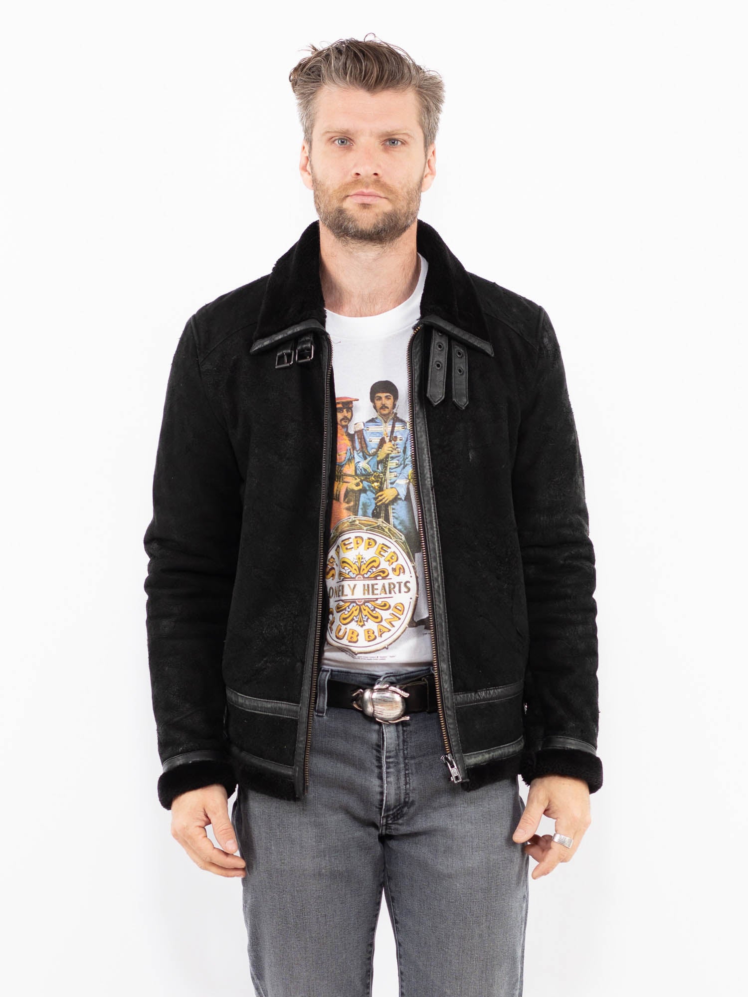 Vintage 00's Men Suede Sherpa Jacket in Black by Northern Grip