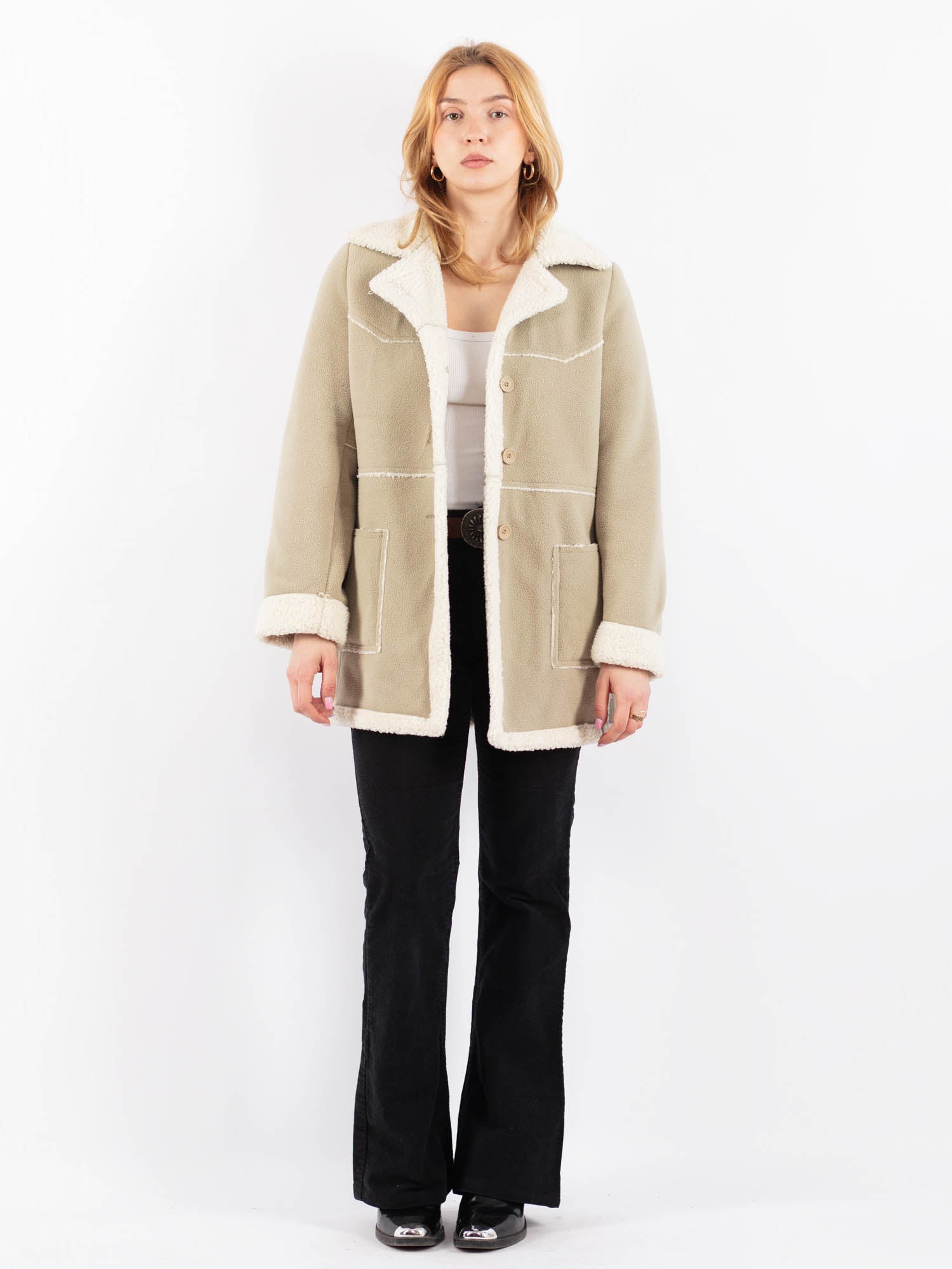Vintage 90's Women Faux Sheepskin Coat in Beige by Northern Grip