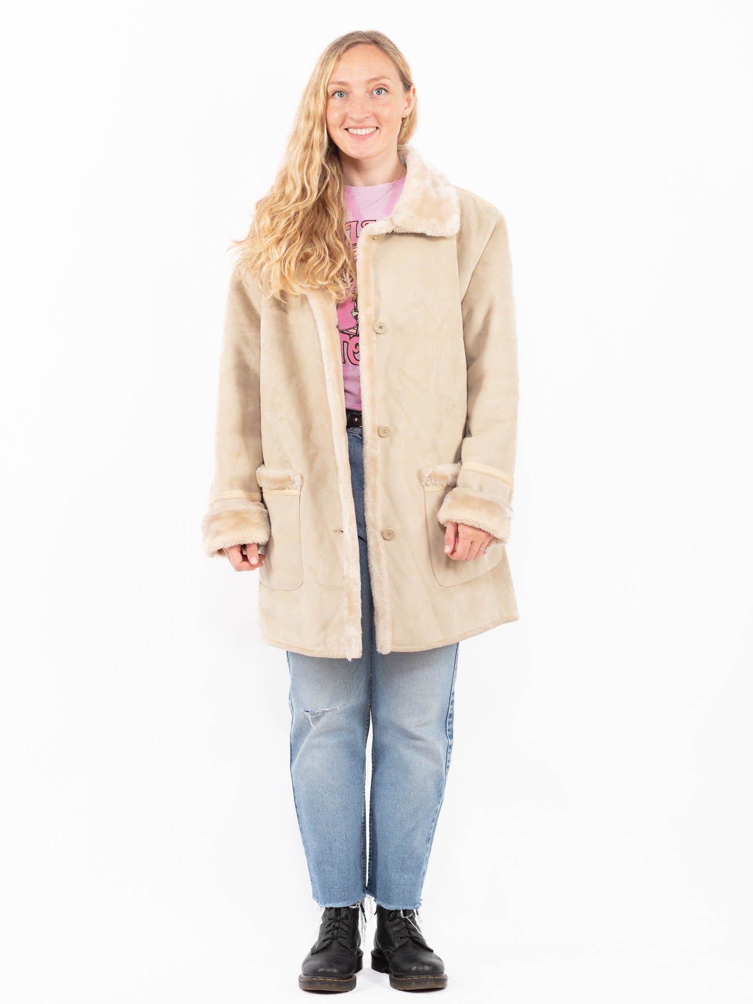 Vintage 90's Women Faux Sheepskin Coat in Beige by Northern Grip