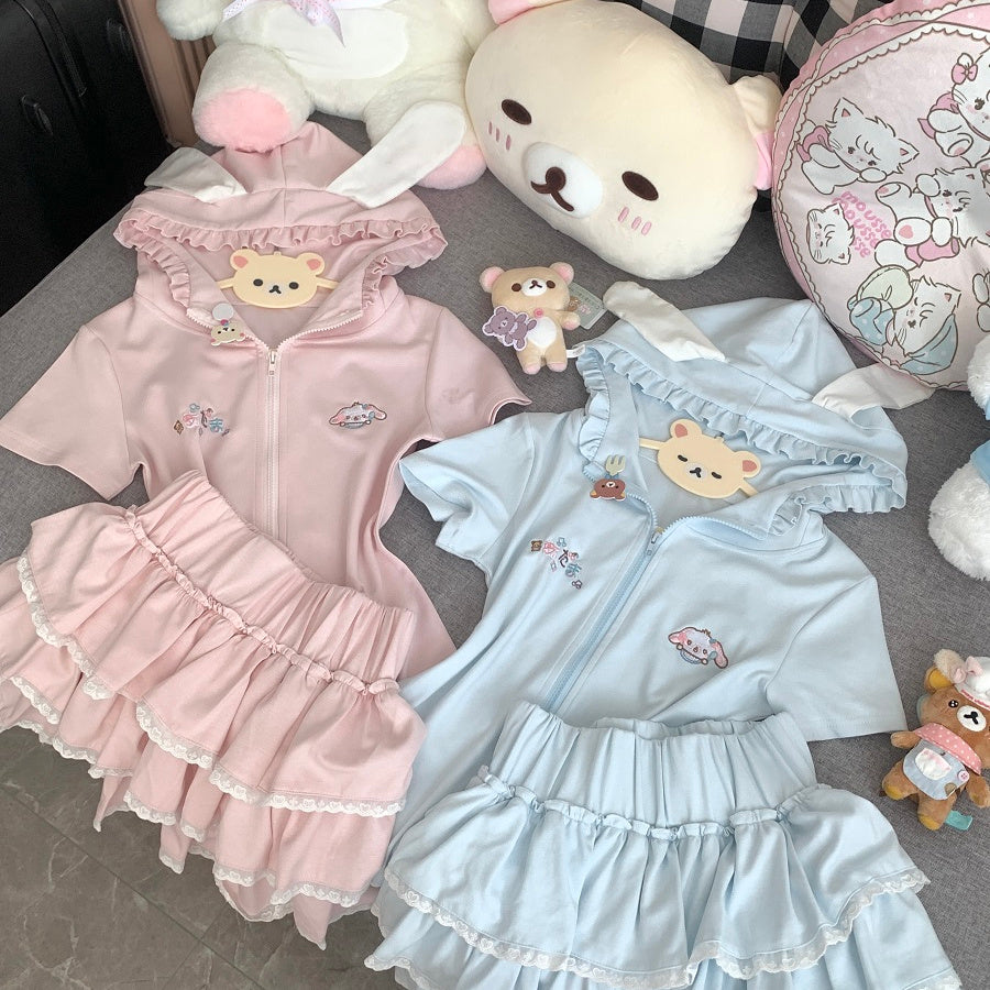 Kawaii Bunny Tee & Puff Skirt Set - Blurred Bear by Land Decora