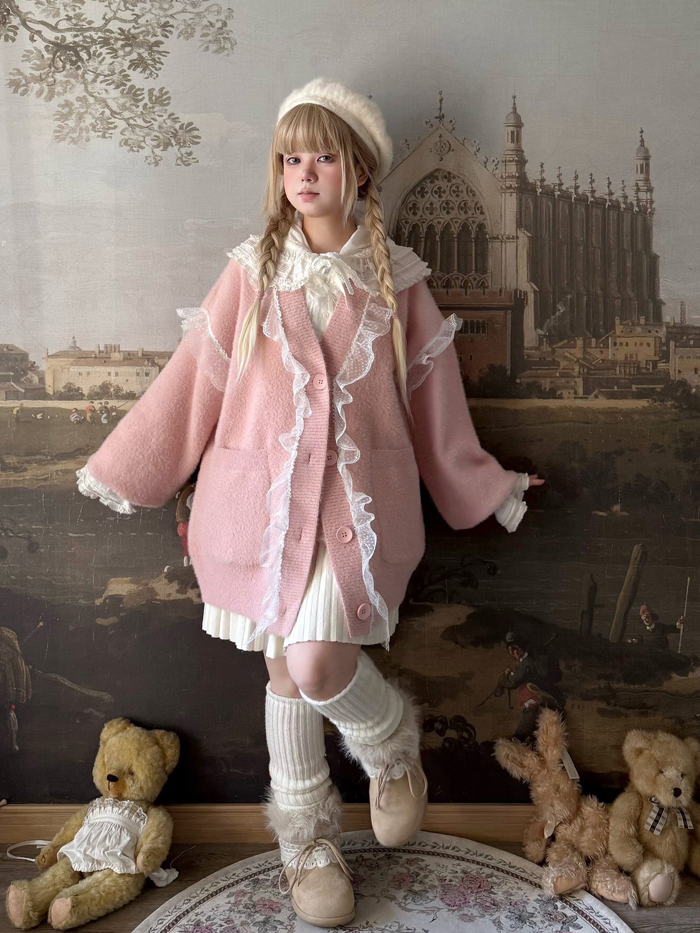 Kawaii Lace Plush Knit Cardigan - Labeau by Land Decora