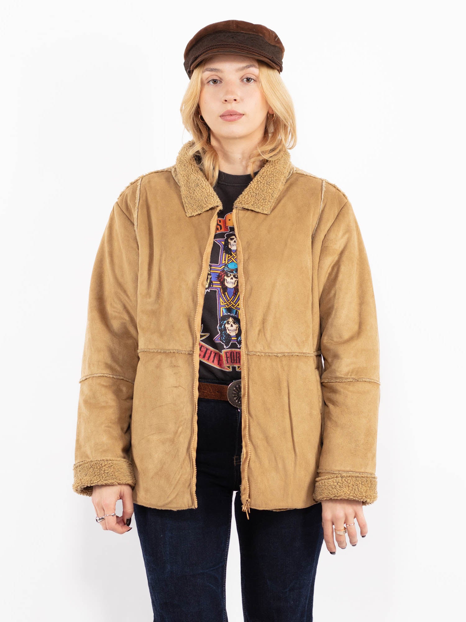 Vintage 90's Women Faux Sheepskin Jacket in Beige by Northern Grip