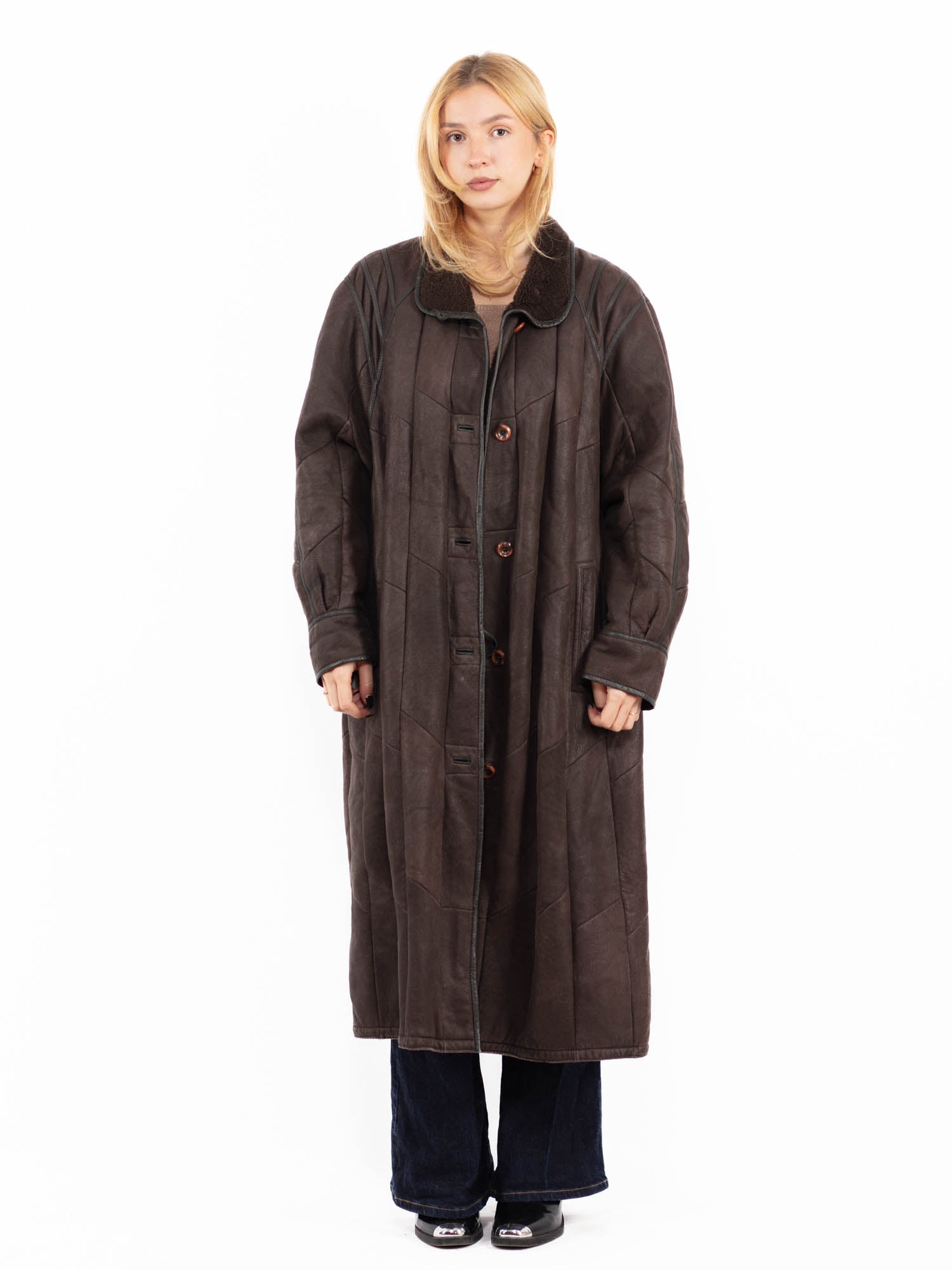 Vintage 90's Women Sheepskin Long Coat in Brown by Northern Grip