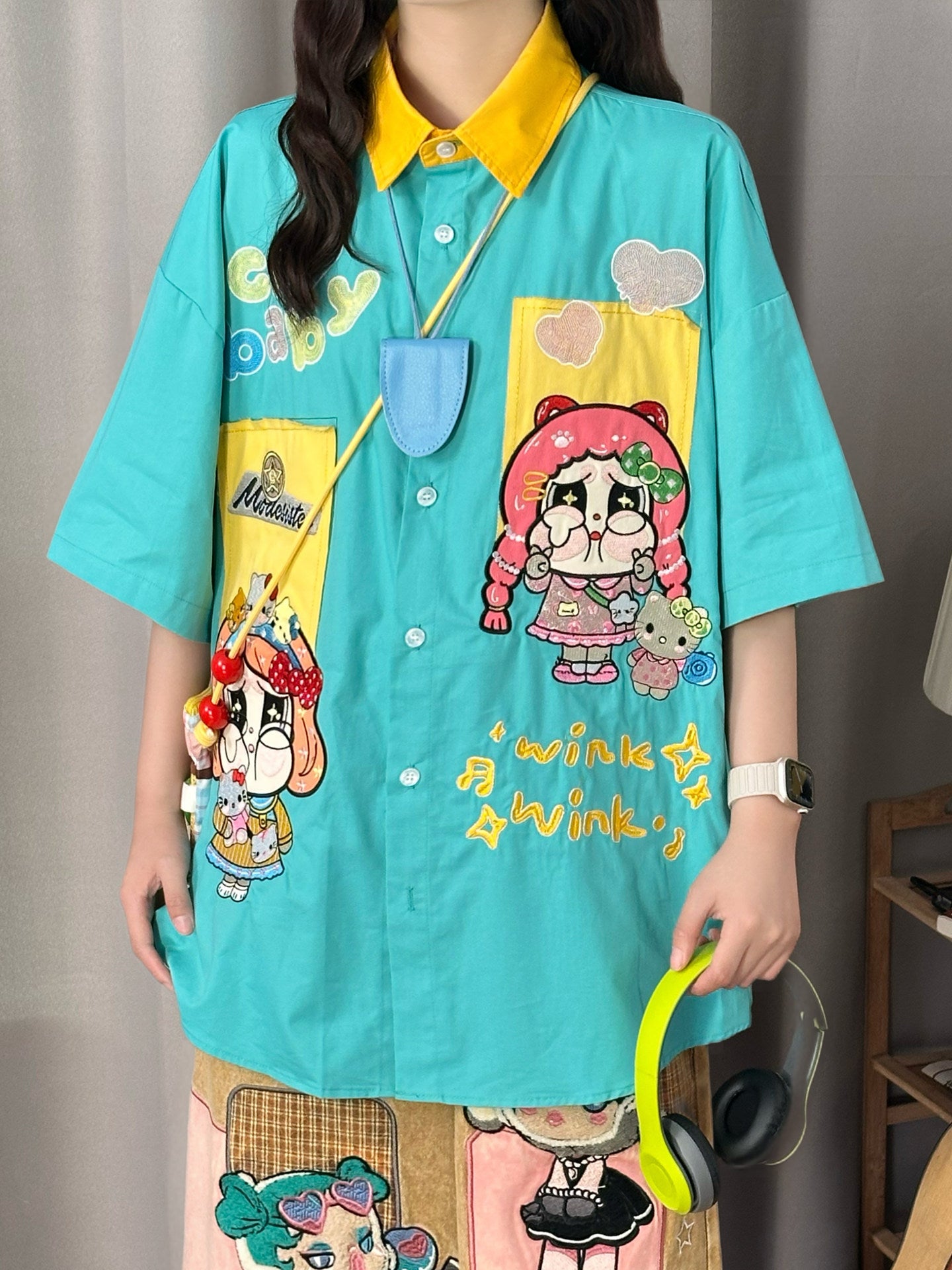 Blue Cartoon Embroidered Shirt Y2K Kawaii by Land Decora