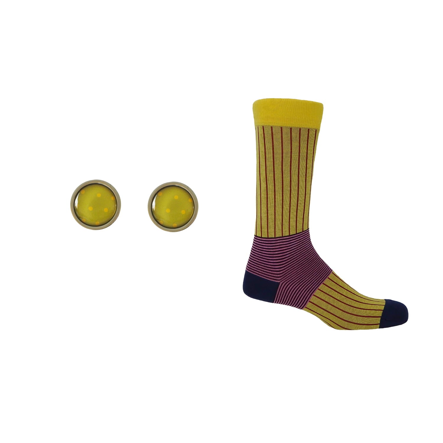 Groom's Set - Oxford Stripe Yellow Socks & Olive Cufflink by Peper Harow