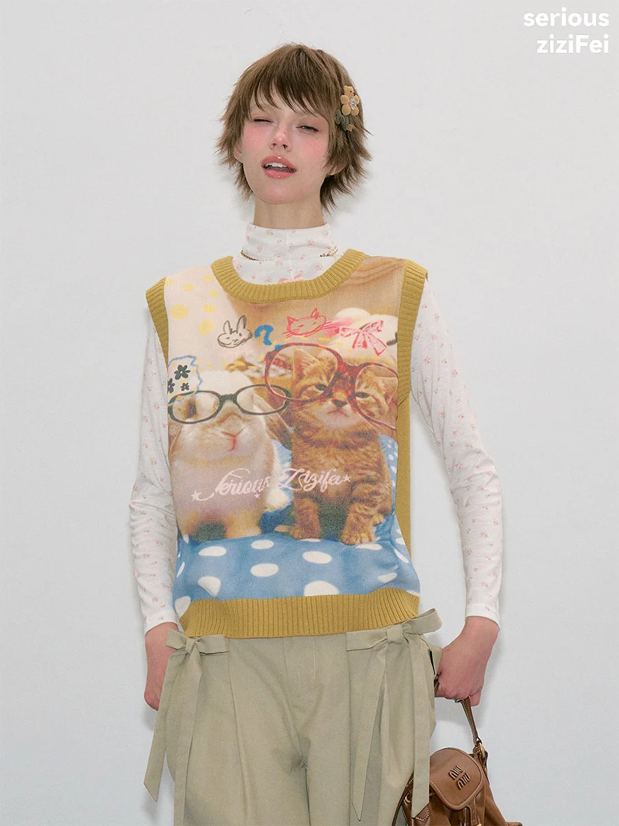 Vintage Cat Print Knit Vest - ziziFei by Land Decora