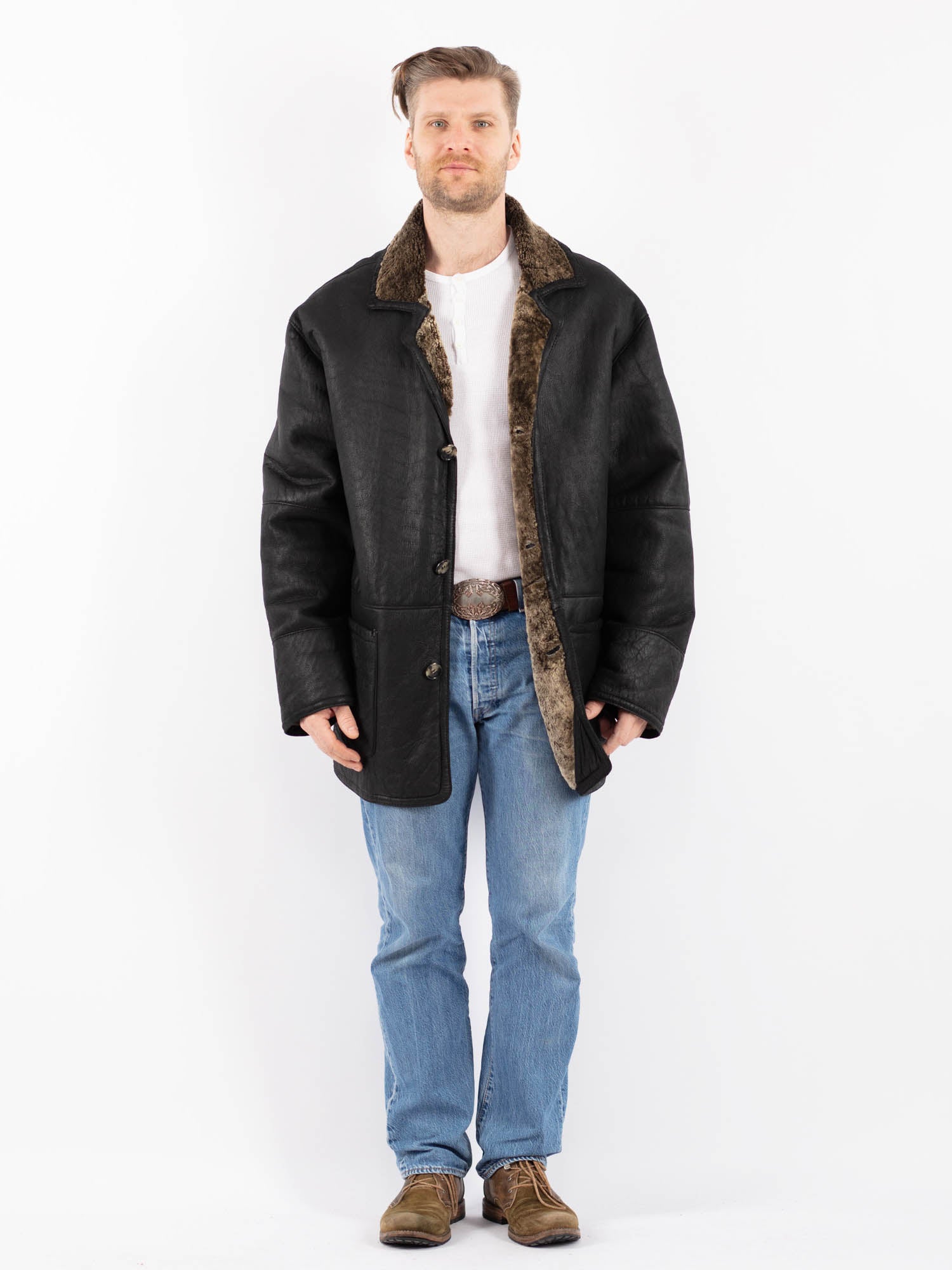 Vintage 90's Men Sheepskin Coat in Black by Northern Grip