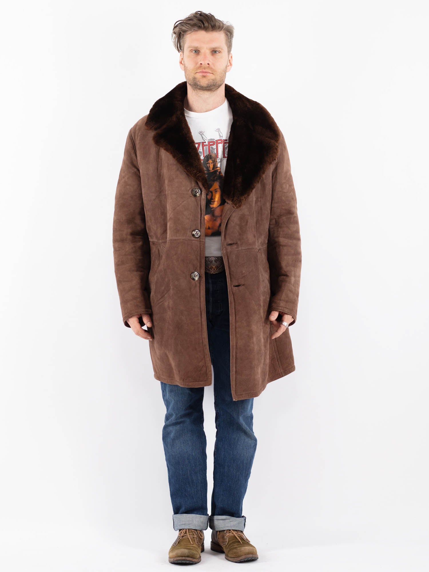 Vintage 70's Men Sheepskin Coat in Brown by Northern Grip