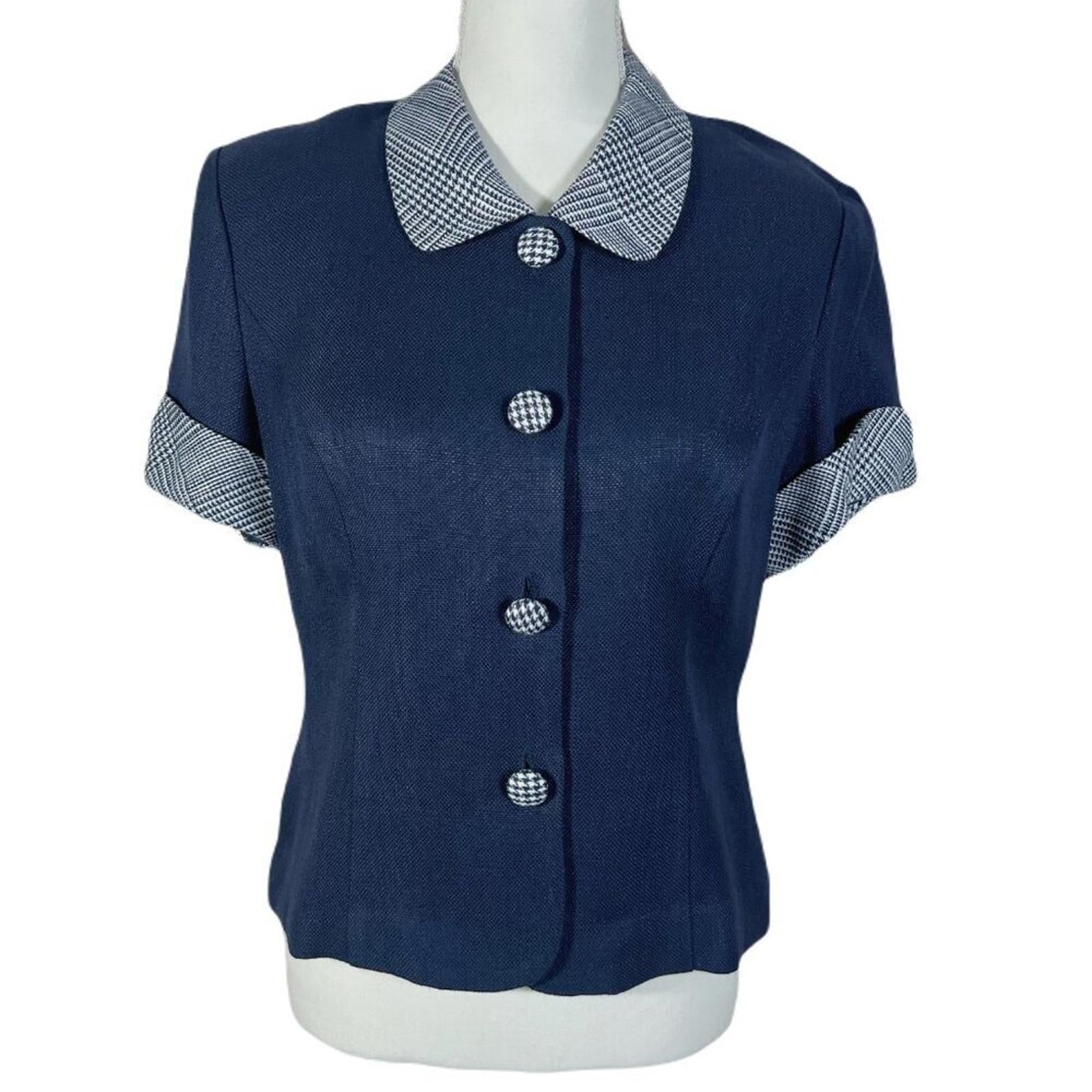 NWT Vintage Donna Ricco Navy Blue Button Up Short Sleeve Blouse Size 1 by Hot Girl Secondhand
