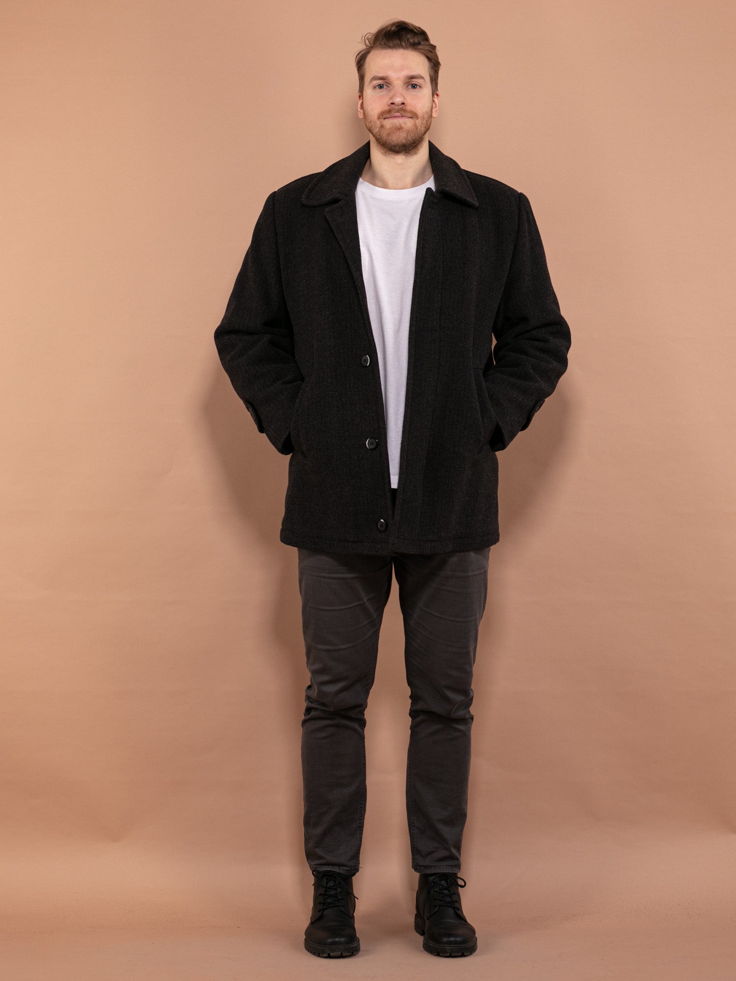 Vintage 90's Men Wool Blend Short Coat in Dark Gray by Northern Grip
