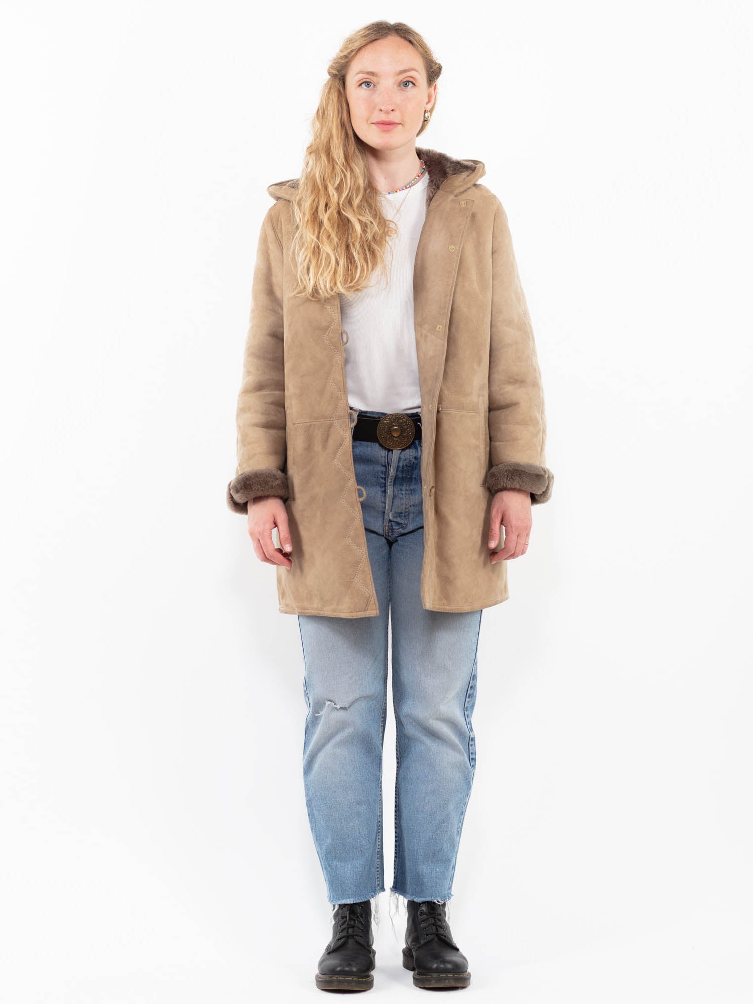Vintage 90's Women Sheepskin Coat in Beige by Northern Grip