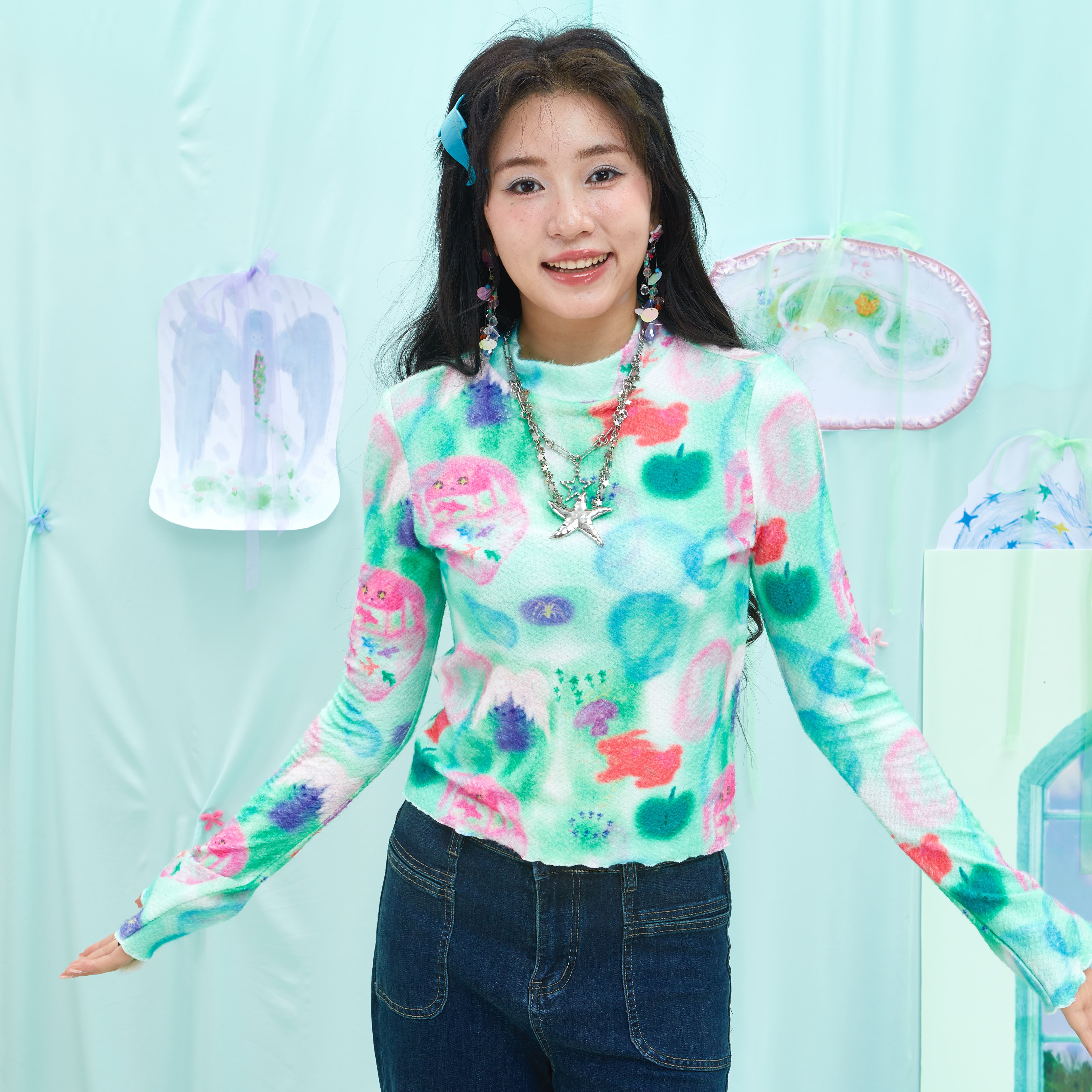 Dopamine Retro Faux Fur Top - Soft Cozy Long Sleeve - Moon Meadow by Land Decora