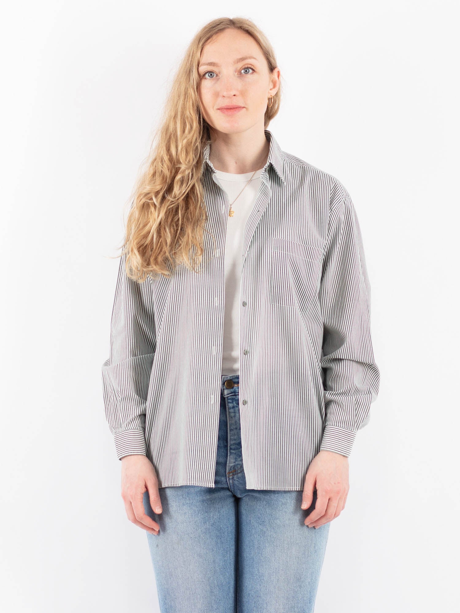 Vintage 00's Women Striped Long Sleeve Shirt in White and Light Green by Northern Grip