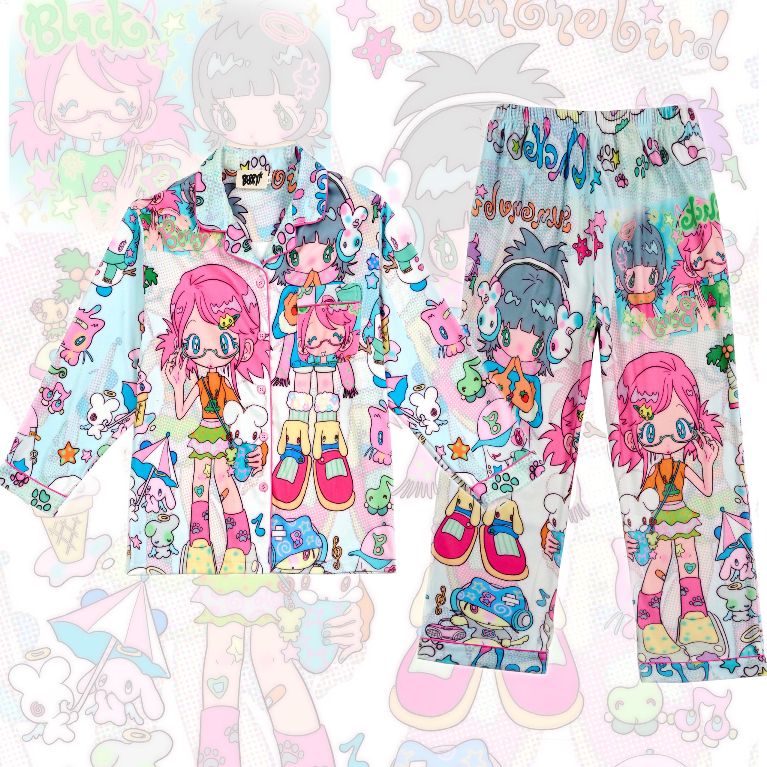Kawaii Cartoon Pajama Set - BlackBerry by Land Decora