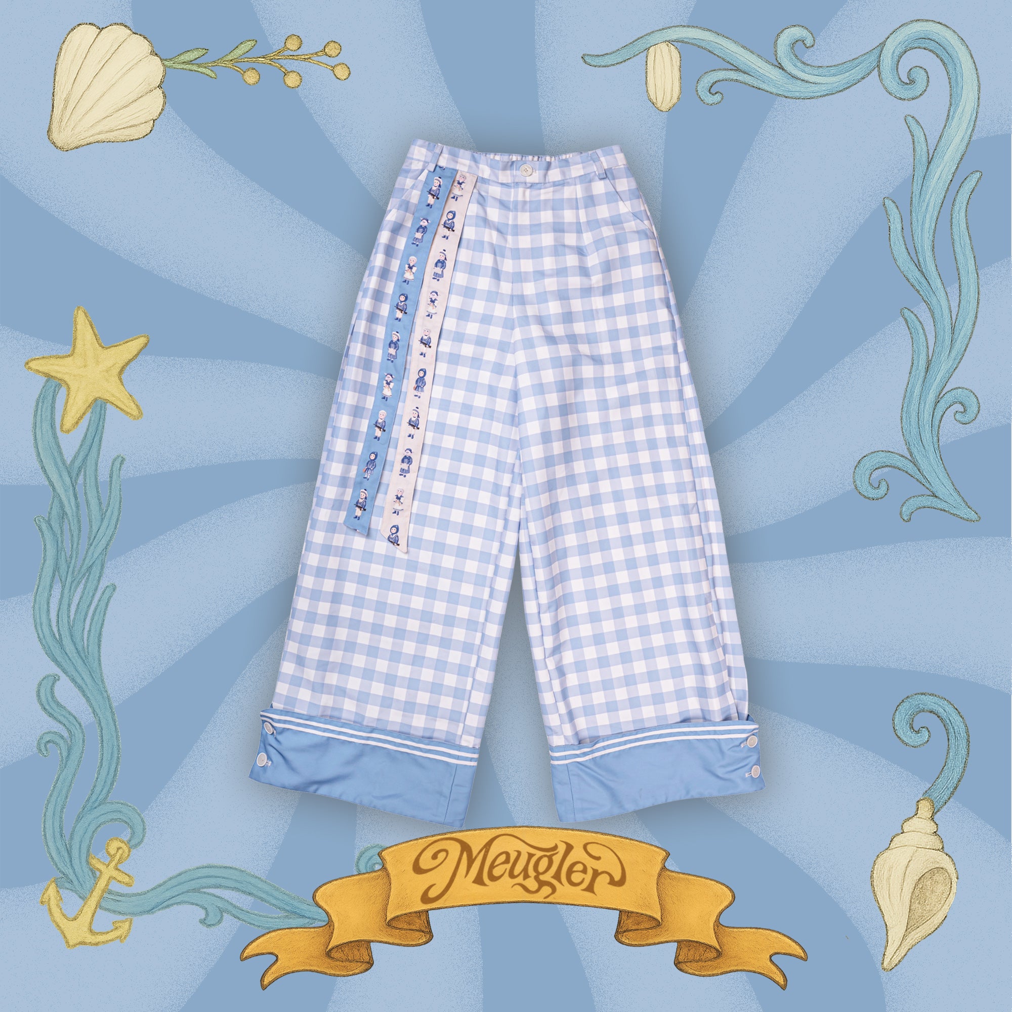 Kawaii Wide Leg Pants Blue White Plaid Sailor Bow Print - Meugler by Land Decora