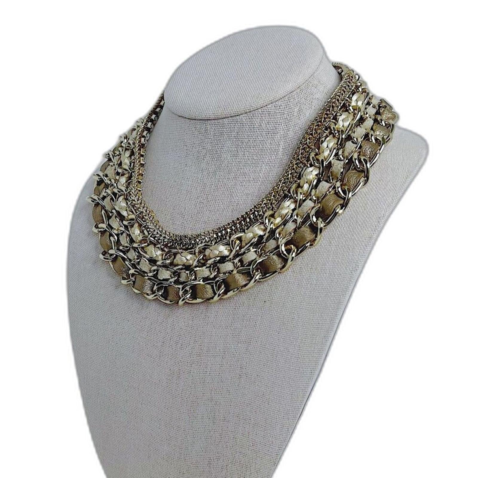 WHBM Gold Chain Multistrand Bib Necklace Leather Braiding Statement Ch by Hot Girl Secondhand
