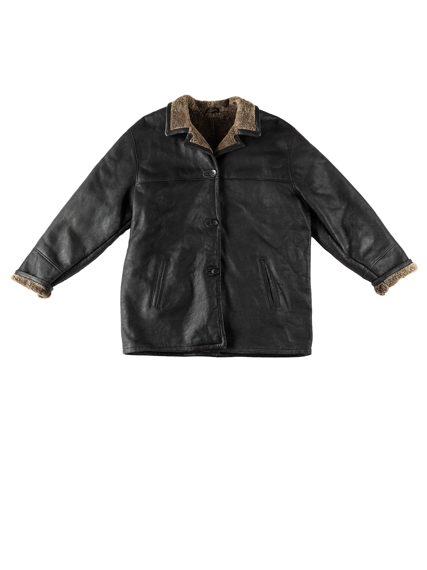Vintage 80's Men Sheepskin Coat in Black by Northern Grip