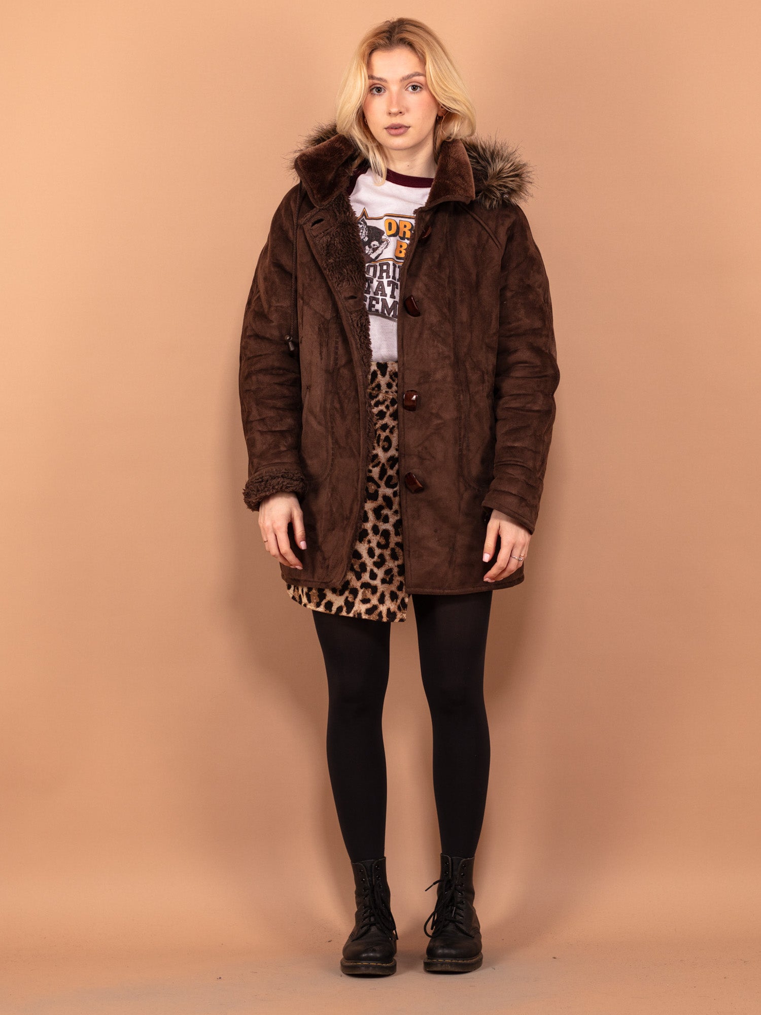 Vintage 90's Women Hooded Faux Sheepskin Coat in Brown by Northern Grip