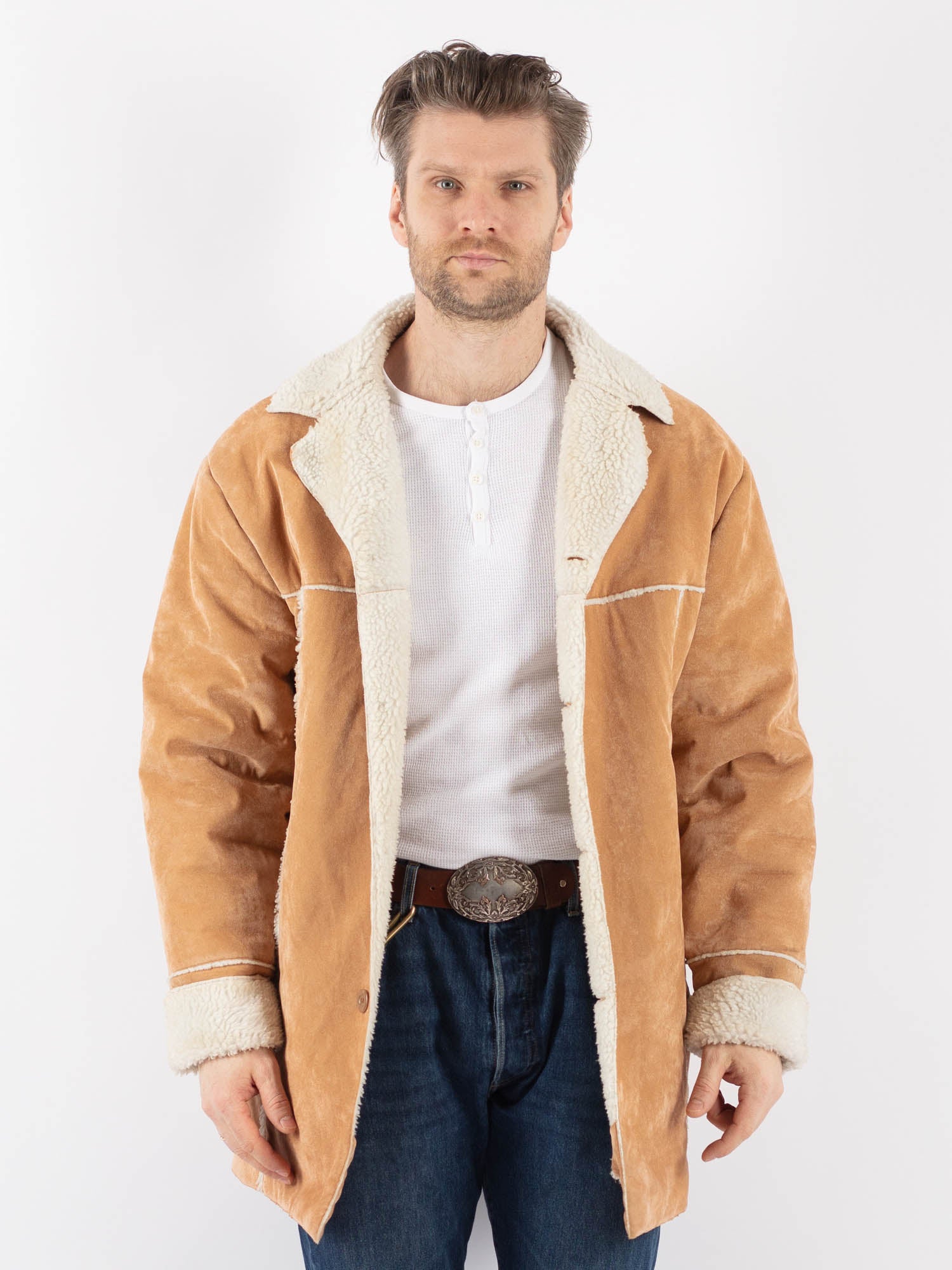 Vintage 90's Men Faux Sheepskin Coat in Beige by Northern Grip