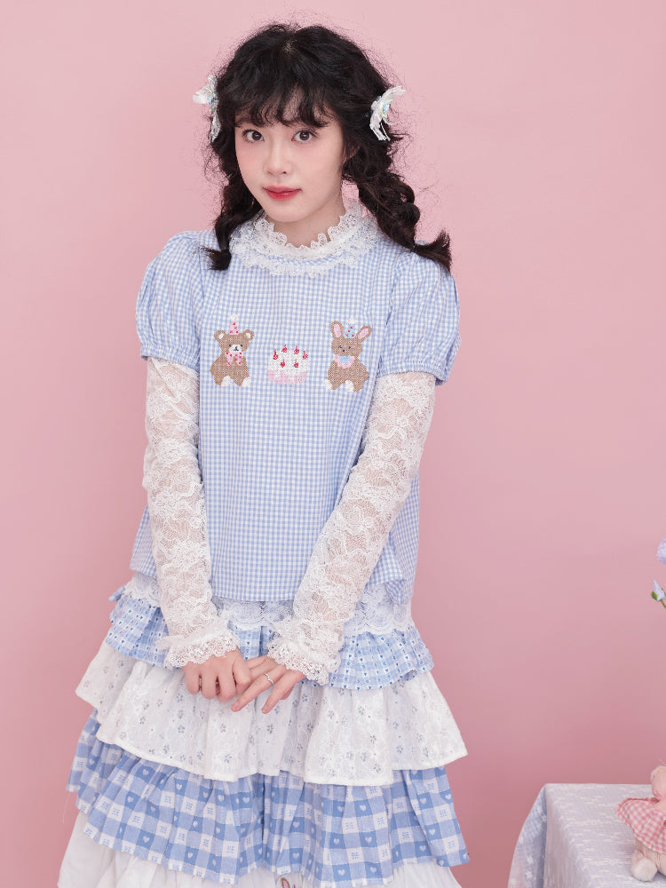 SemenCoicis Sweet Bear Embroidered Shirt | Kawaii Puff Sleeve Plaid Bl by Land Decora