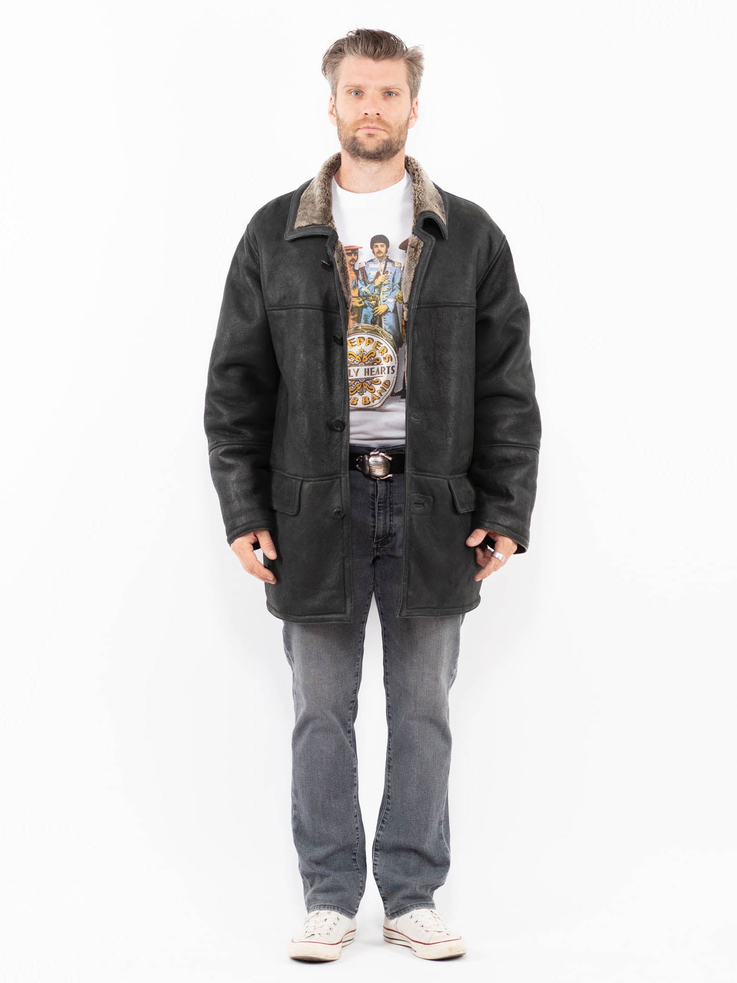 Vintage 90's Men Sheepskin Coat in Black by Northern Grip