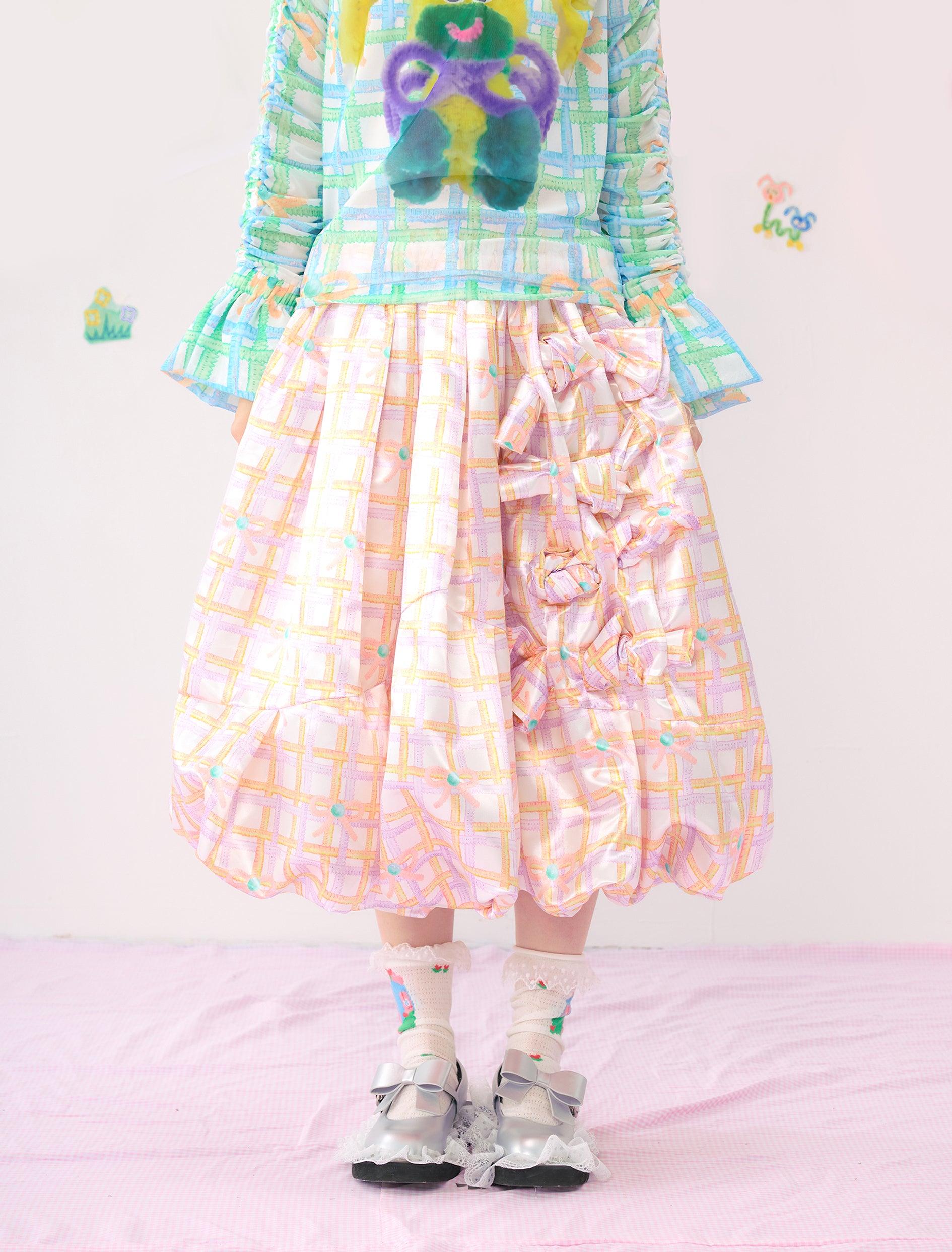Harajuku Skirt Bow Multicolor Printed Oversized Skirt - HELPHELP by Land Decora