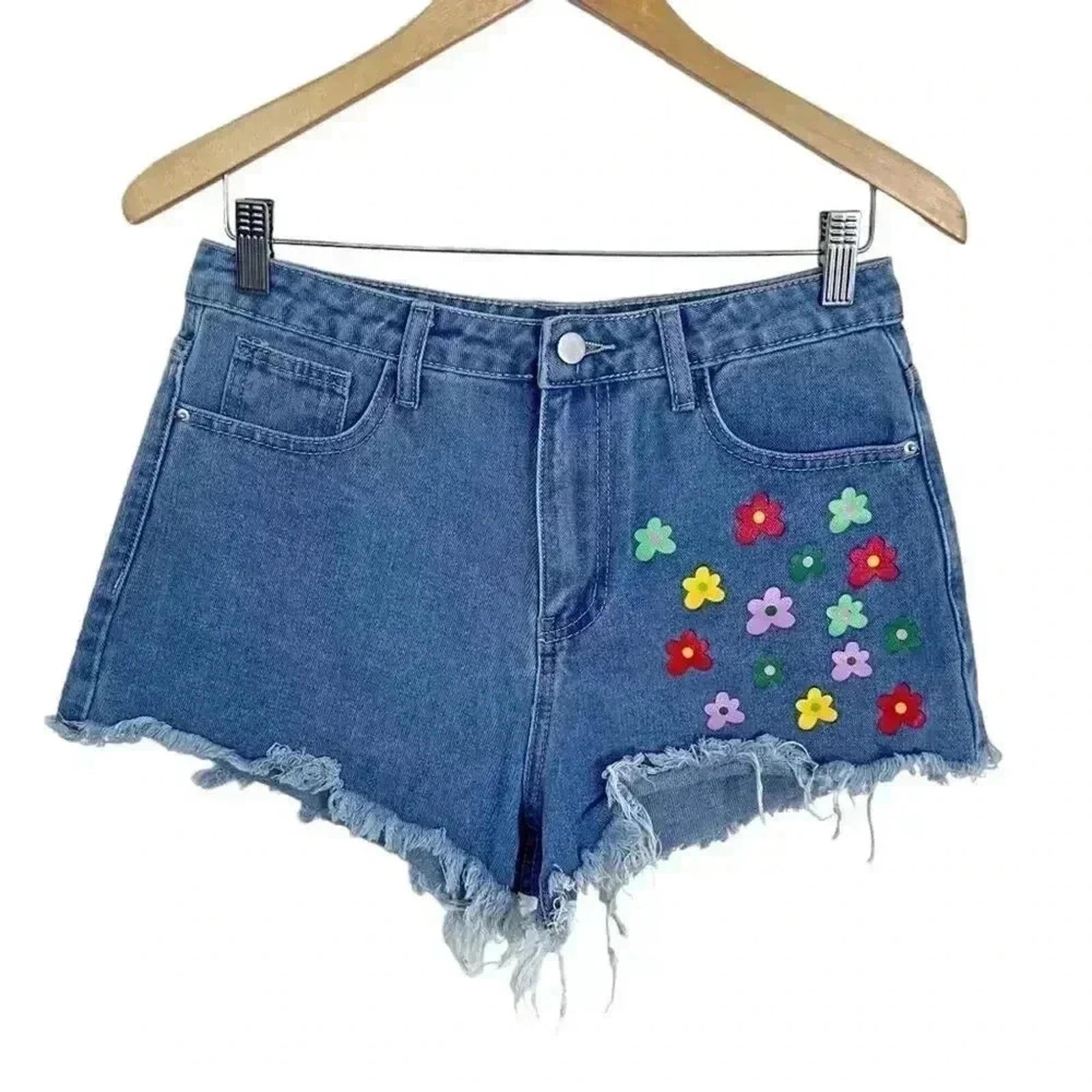 NWOT Floral Denim Shorts Flowers Medium Wash High Rise Women's Size M by Hot Girl Secondhand