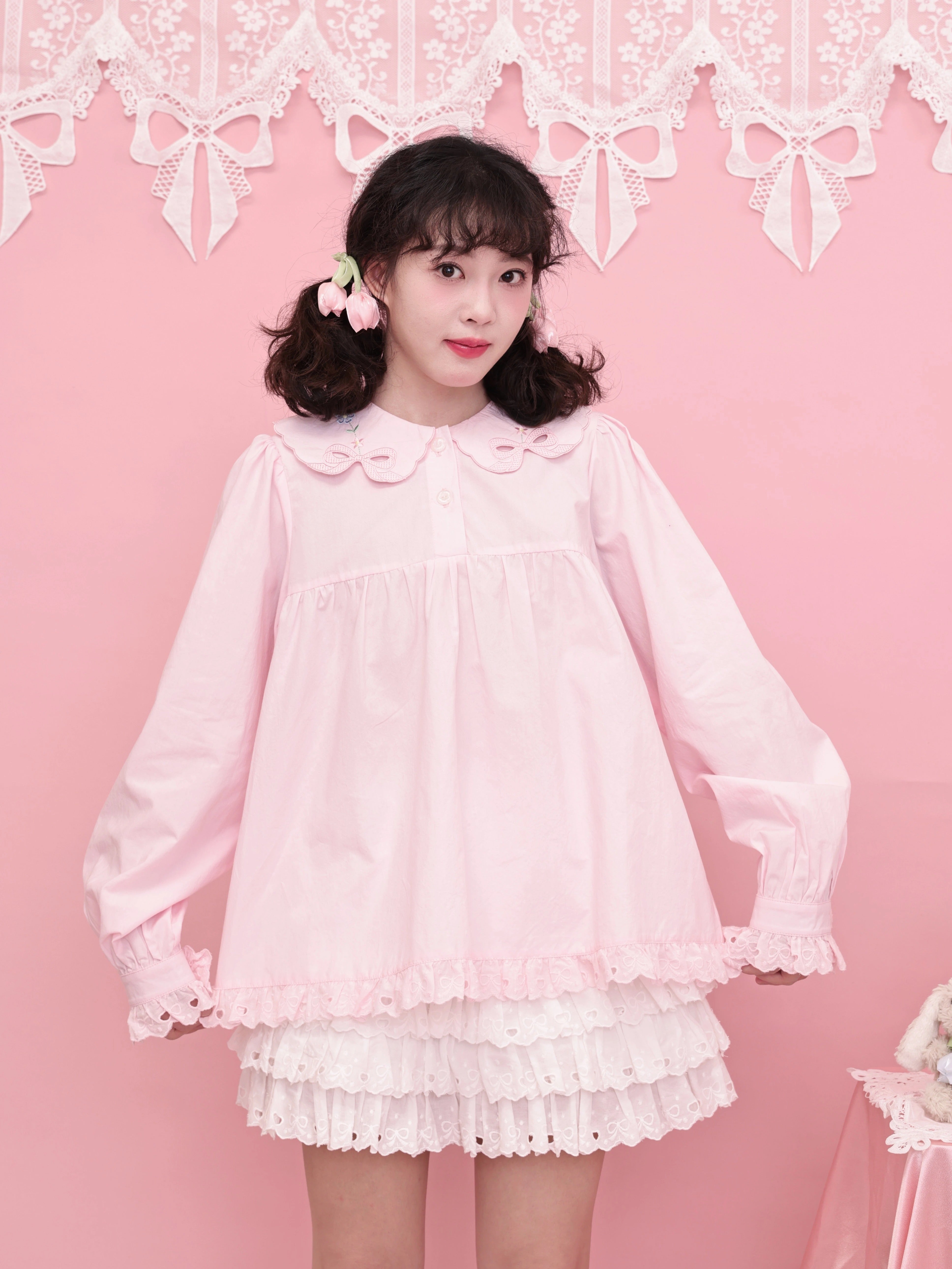 Kawaii Bow Collar Blouse - Pink Floral Cotton Doll Shirt - SemenCoicis by Land Decora