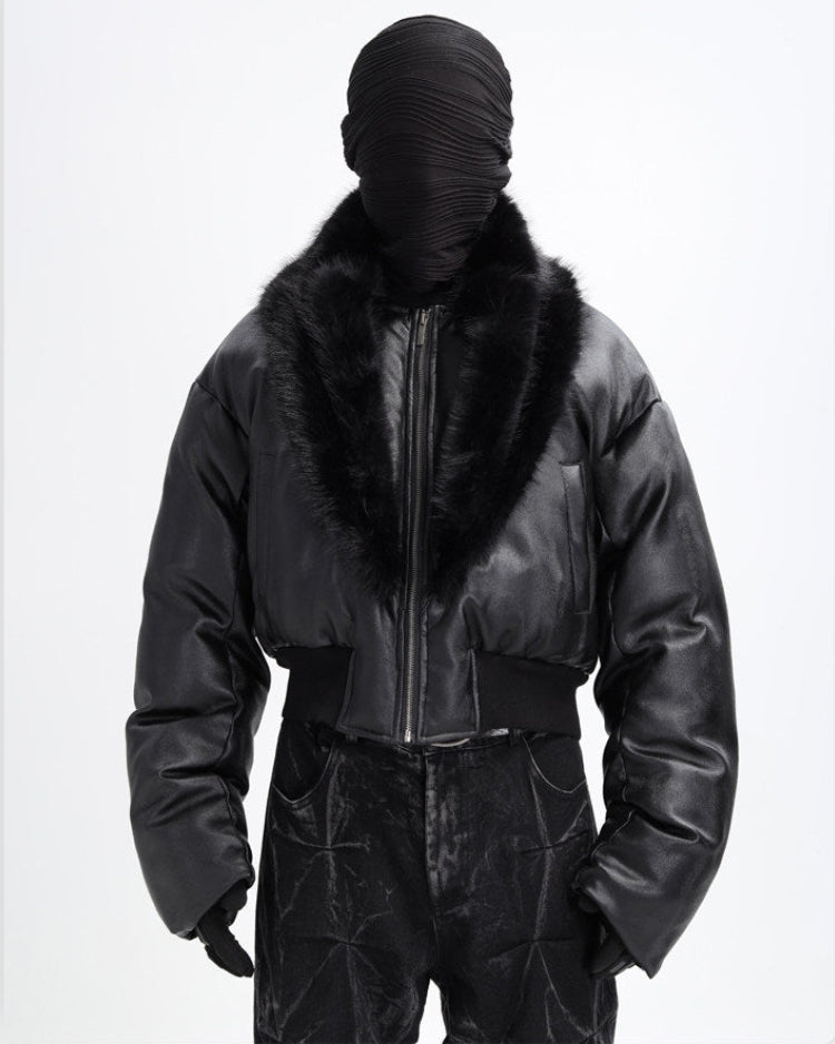 Off/Sc Fur Collar Cropped Leather Puffer Jacket by OFFCULTURE