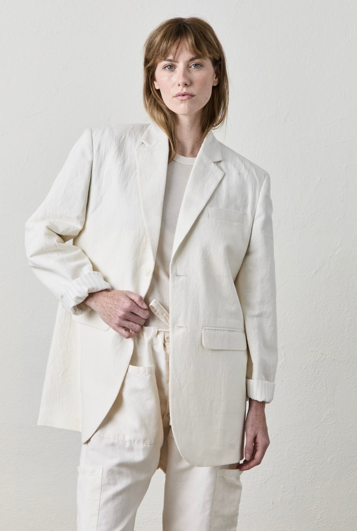 Lawrence Oversized Single-Breasted Blazer in Ivory by Sierra Deene
