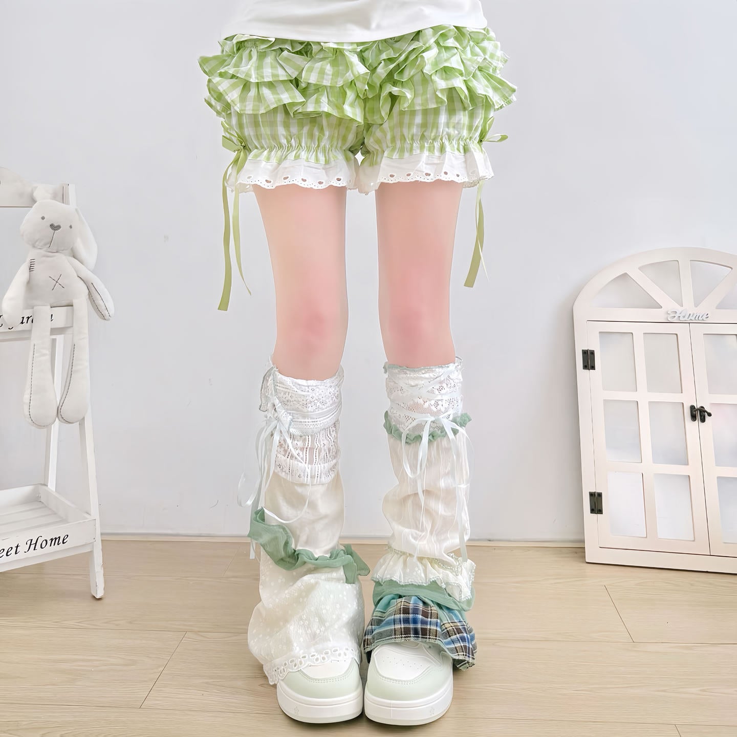 Green Bow Ruffle Leg Warmers - Y2K Socks by Land Decora