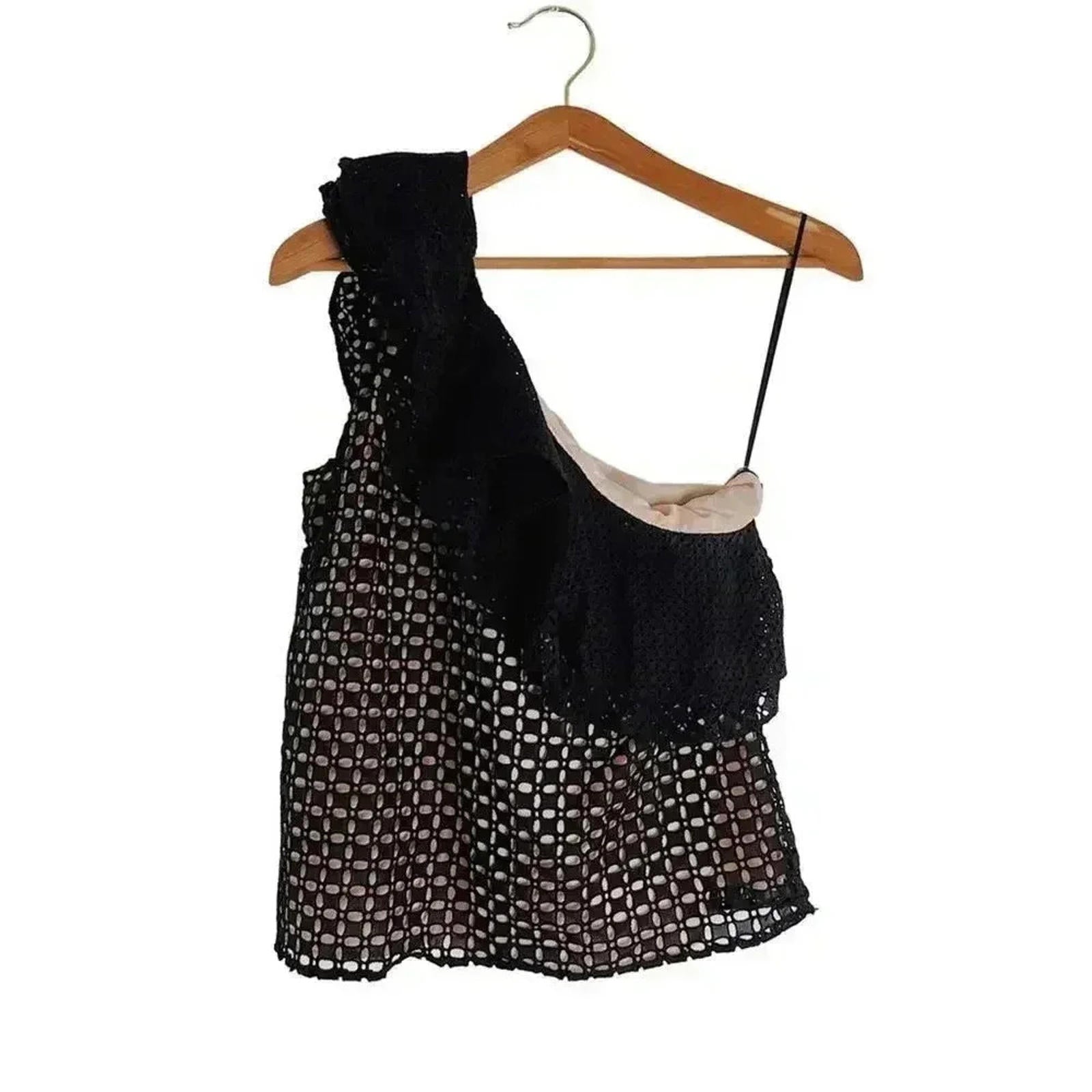 J Crew One Shoulder Black Eyelet Asymmetrical Blouse Lace Women's Size by Hot Girl Secondhand