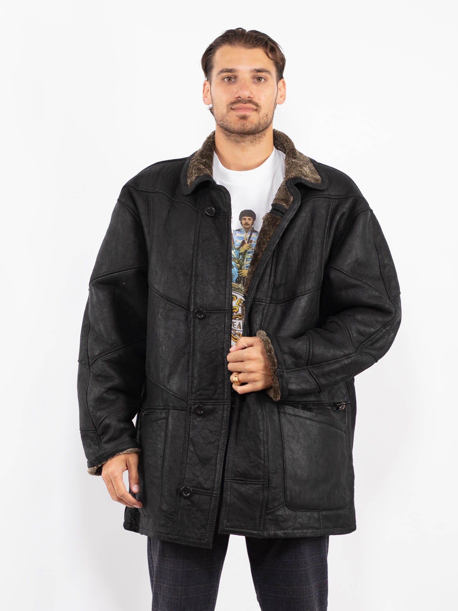 Vintage 90's Men Sheepskin Coat in Black by Northern Grip